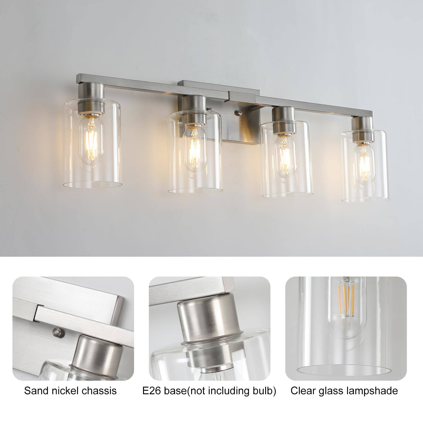 Sand nickel chassis  
E26 base (not including bulb)  
Clear glass lampshade