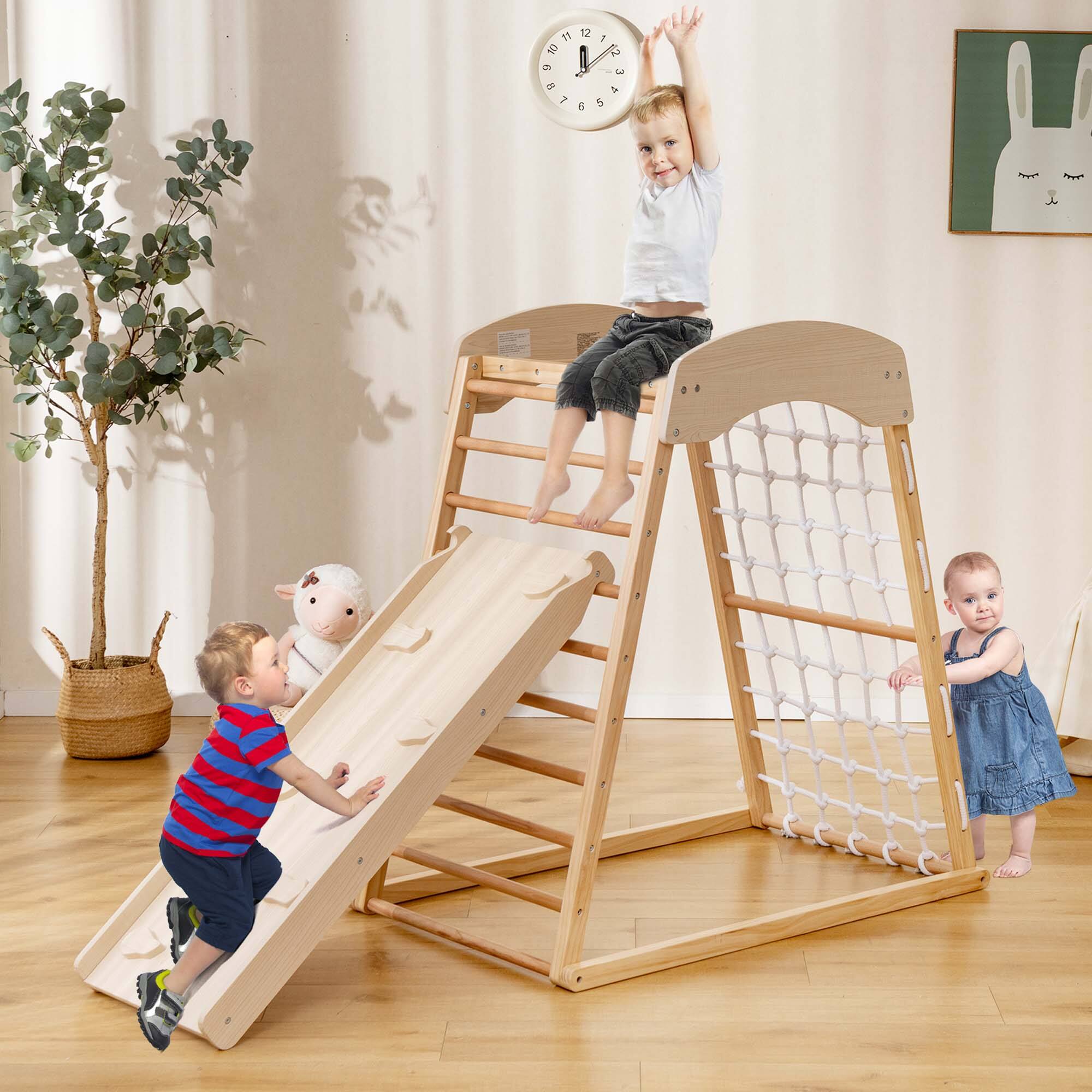 Alt View 1. Costway - Costway 6-in-1 Wood Jungle Gym Montessori Climbing Play Set with Double-sided Ramp - Natural.