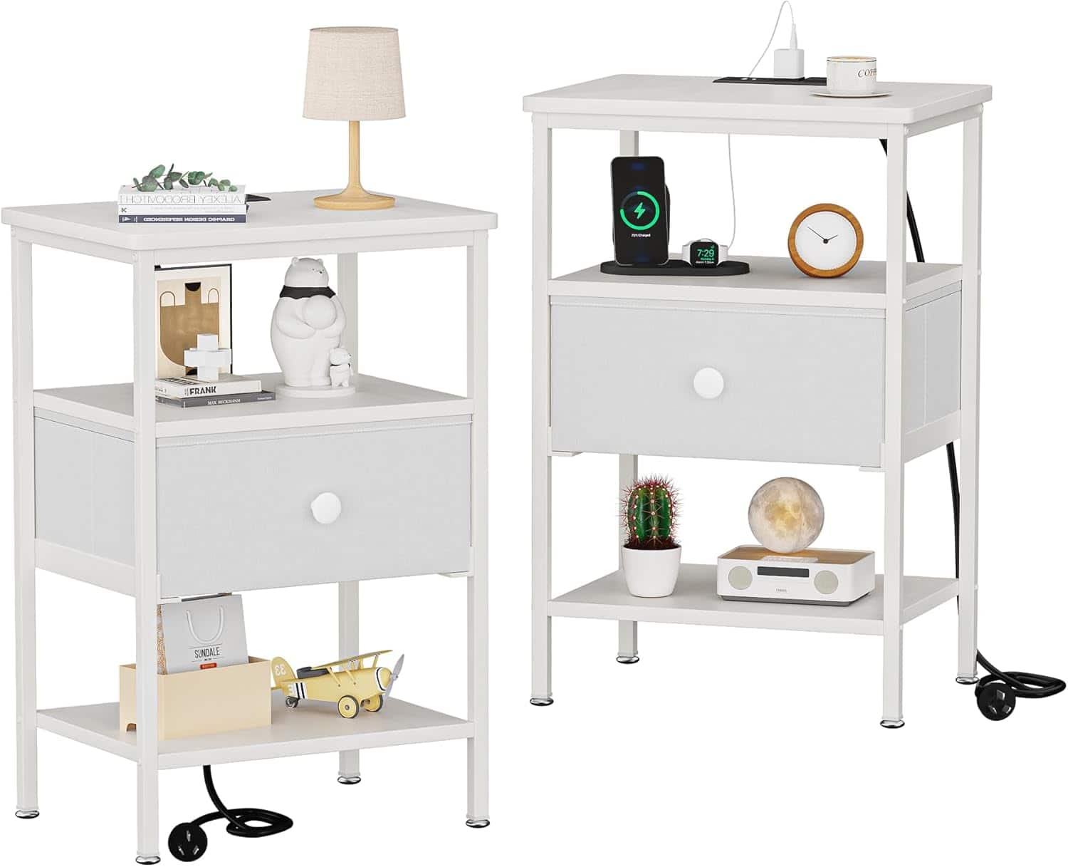 Vecelo - 2Pack Nightstand with Charging Station, Bedside Table with USB Ports and Outlets for Bedroom - White