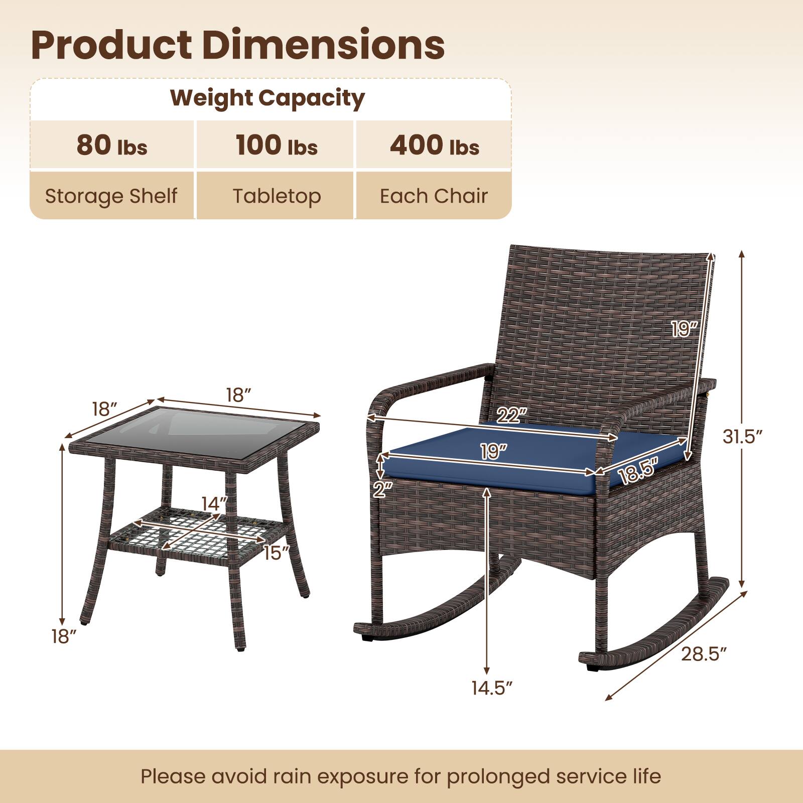 Product Dimensions

Weight Capacity
- 80 lbs
- 100 lbs
- 400 lbs

Storage Shelf
- 18" x 18" x 14" x 2"

Tabletop
- 18" x 18.5" x 22" x 19"

Each Chair
- 19" x 14.5" x 28.5" x 31.5"

Please avoid rain exposure for prolonged service life