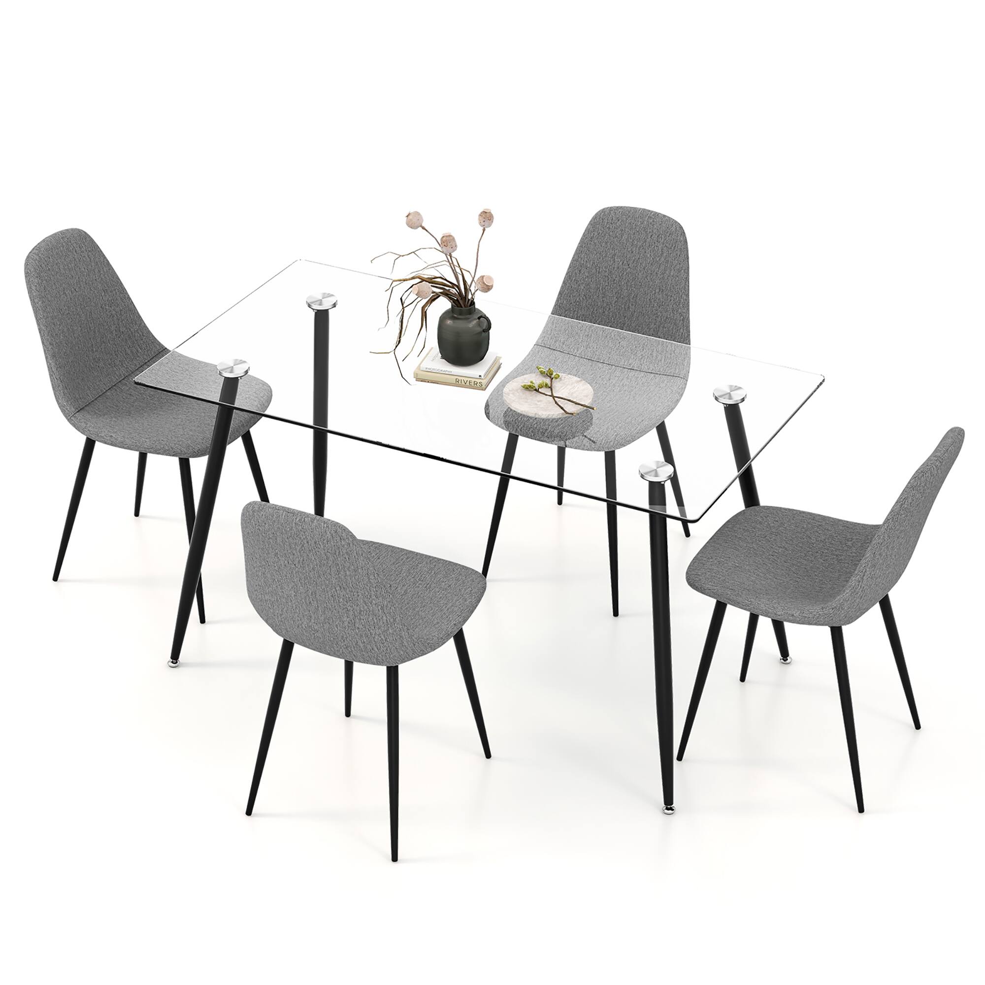 Front. Gymax - Gymax 5 PCS Dining Table Set 51" Modern Rectangular Glass Table & 4 Chairs Kitchen - Black, Gray.