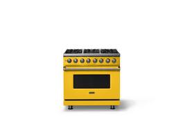 Viking - 36"W 5.6 Cu.Ft. Pro5S Freestanding Sealed 6 Burner Dual Fuel Convection Range - Daffodil w. Brushed Brass Trim - Daffodil