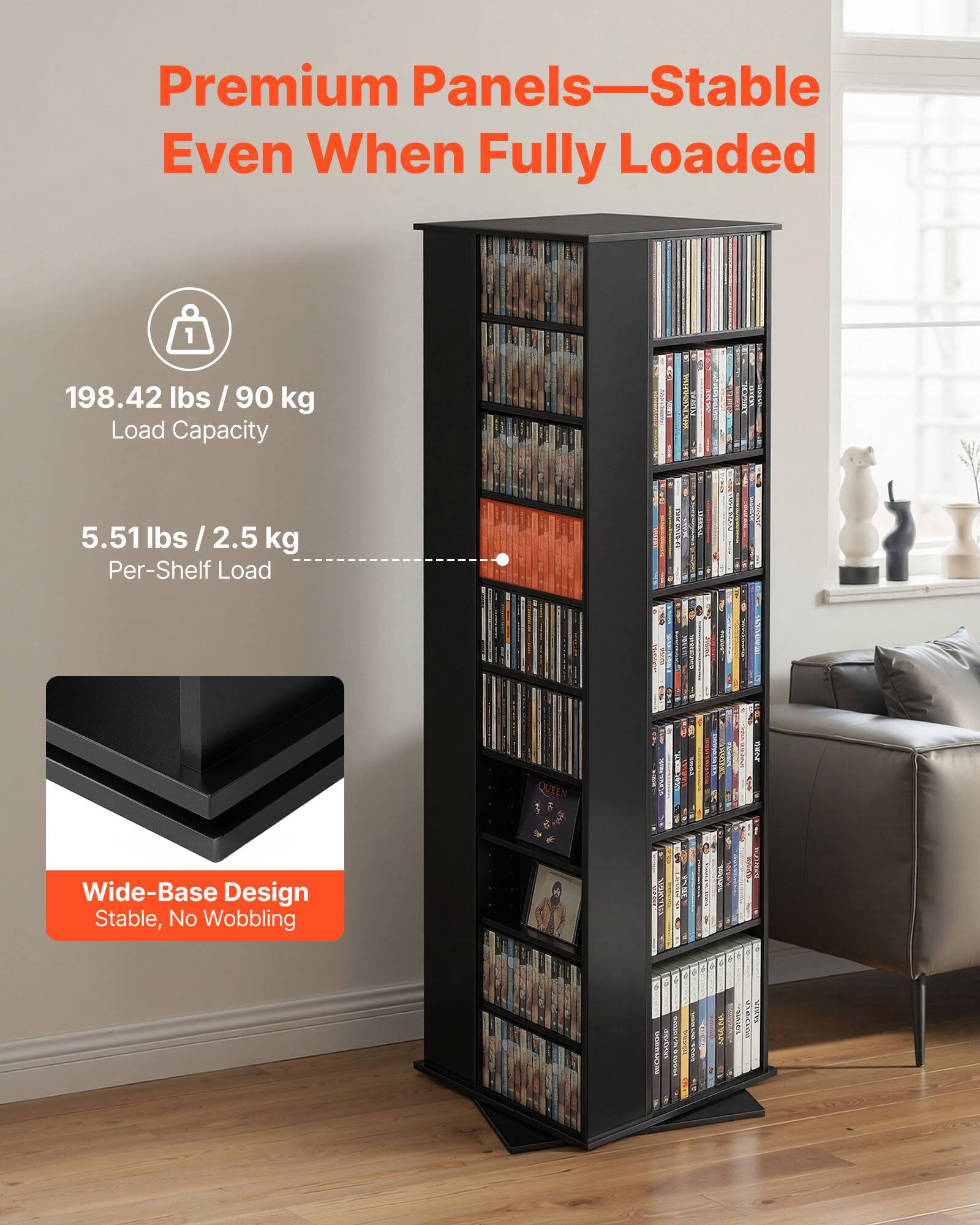 Premium Panels—Stable Even When Fully Loaded

198.42 lbs / 90 kg Load Capacity

5.51 lbs / 2.5 kg Per-Shelf Load

Wide-Base Design
Stable, No Wobbling