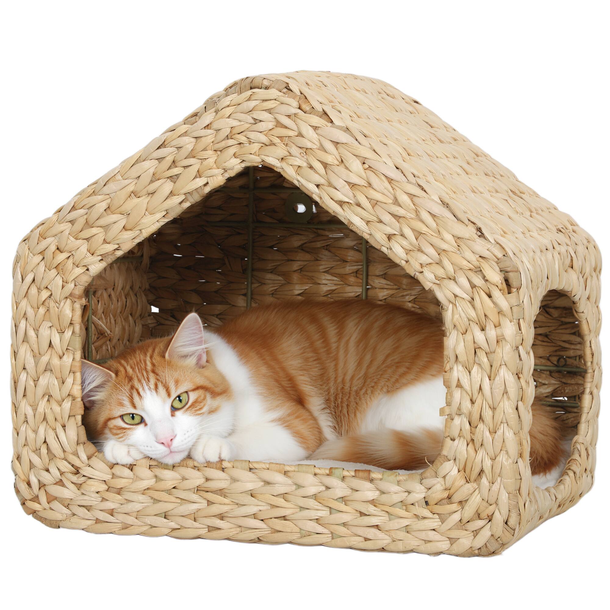 Front. Pawhut - Wall Mounted Cat House, Cat Wall Condo Furniture with Washable Cushion, Kitty Shelf Bed for Indoor Cats Kittens - Natural Wood.