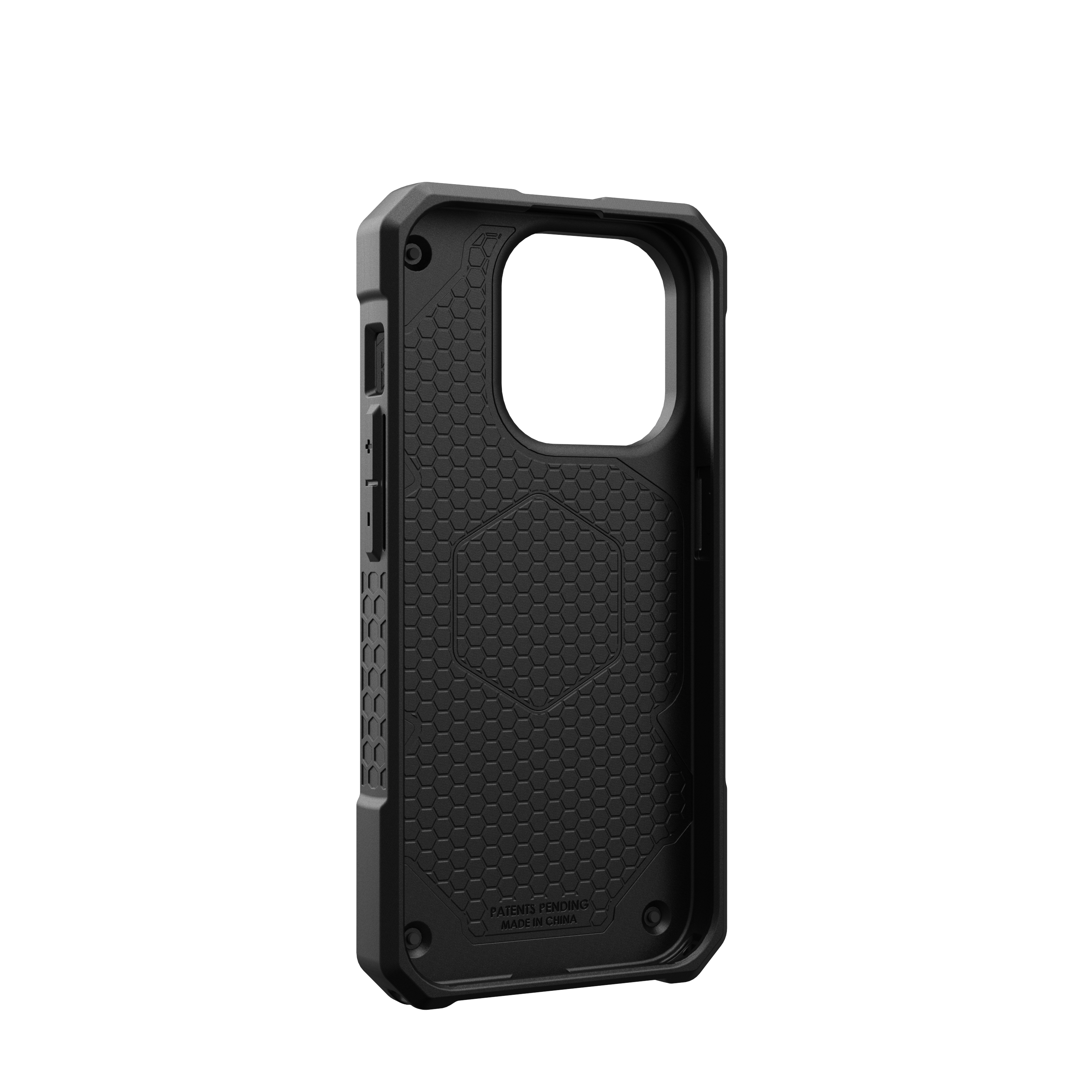The image features a black case for a smartphone, which is made in China. The case is designed to protect the phone from scratches and other damage. The case is made of durable materials, ensuring that it can withstand the wear and tear of daily use. The case is also designed to be easy to grip, making it a practical and stylish accessory for the phone.
