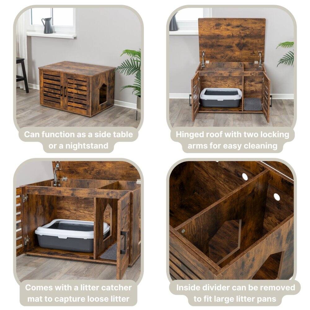 Can function as a side table or a nightstand  
Hinged roof with two locking arms for easy cleaning  
Comes with a litter catcher mat to capture loose litter  
Inside divider can be removed to fit large litter pans