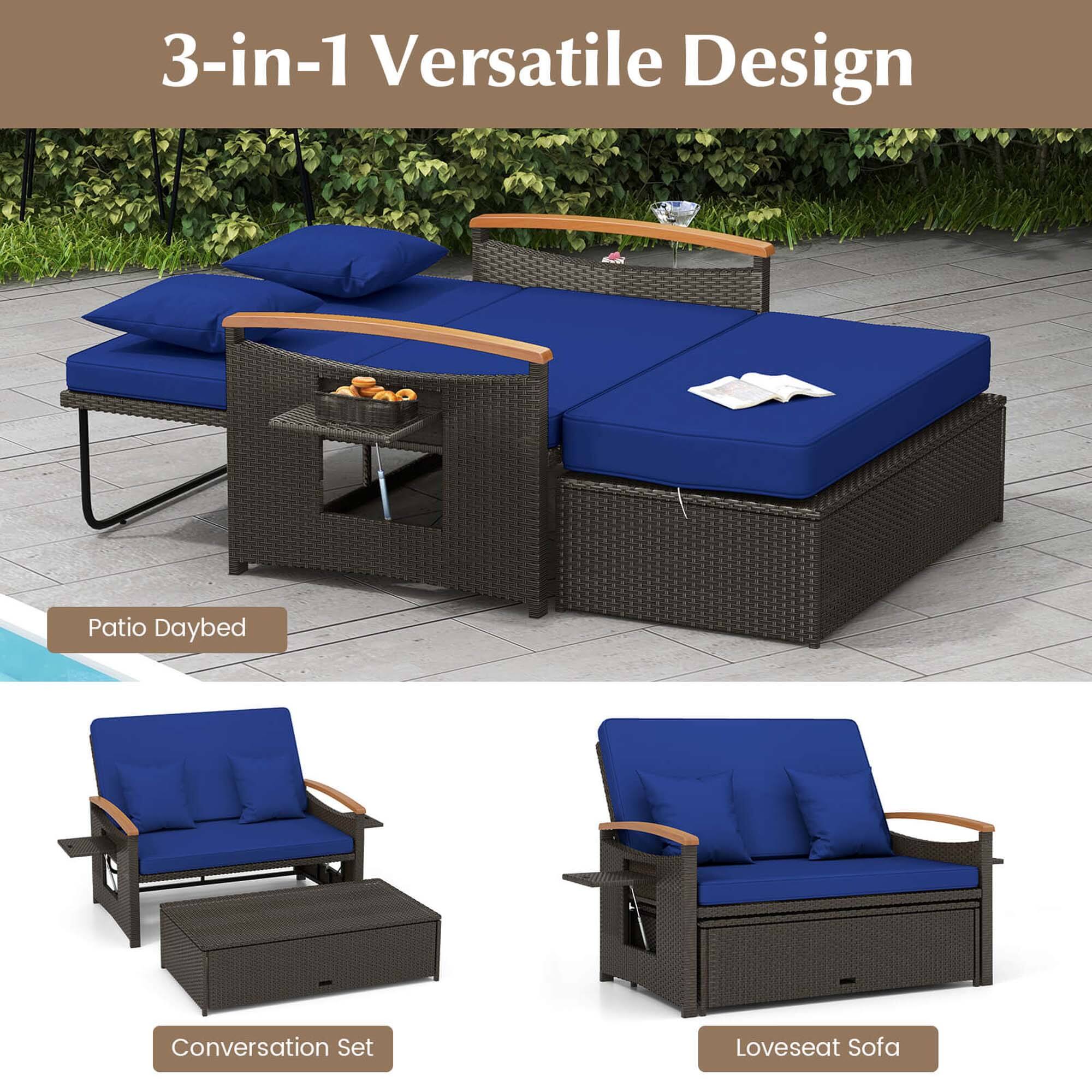 3-in-1 Versatile Design Patio Daybed Conversation Set Loveseat Sofa