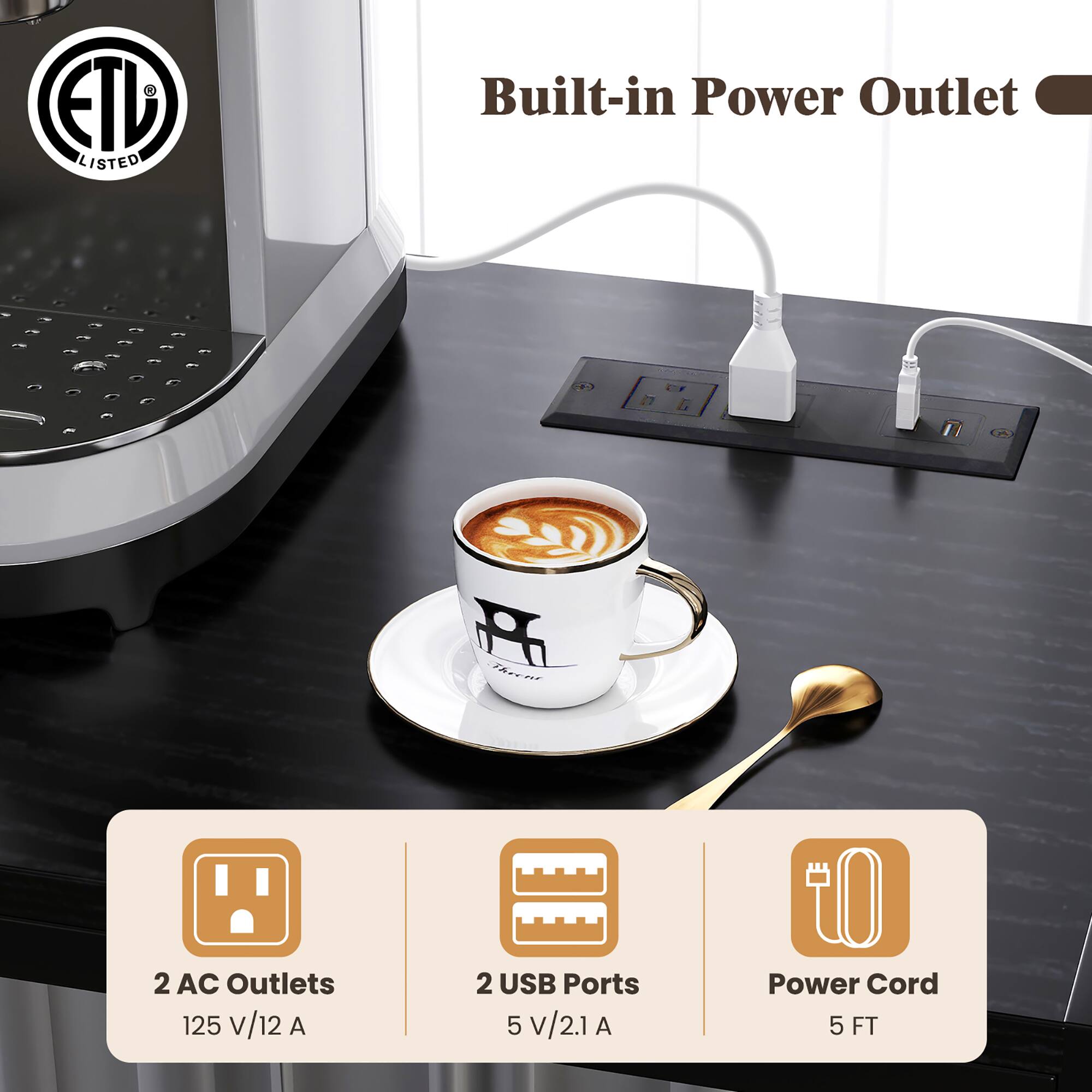 ETD LISTED

Built-in Power Outlet

- 2 AC Outlets 125 V/12 A
- 2 USB Ports 5 V/2.1 A
- iO Power Cord 5 FT