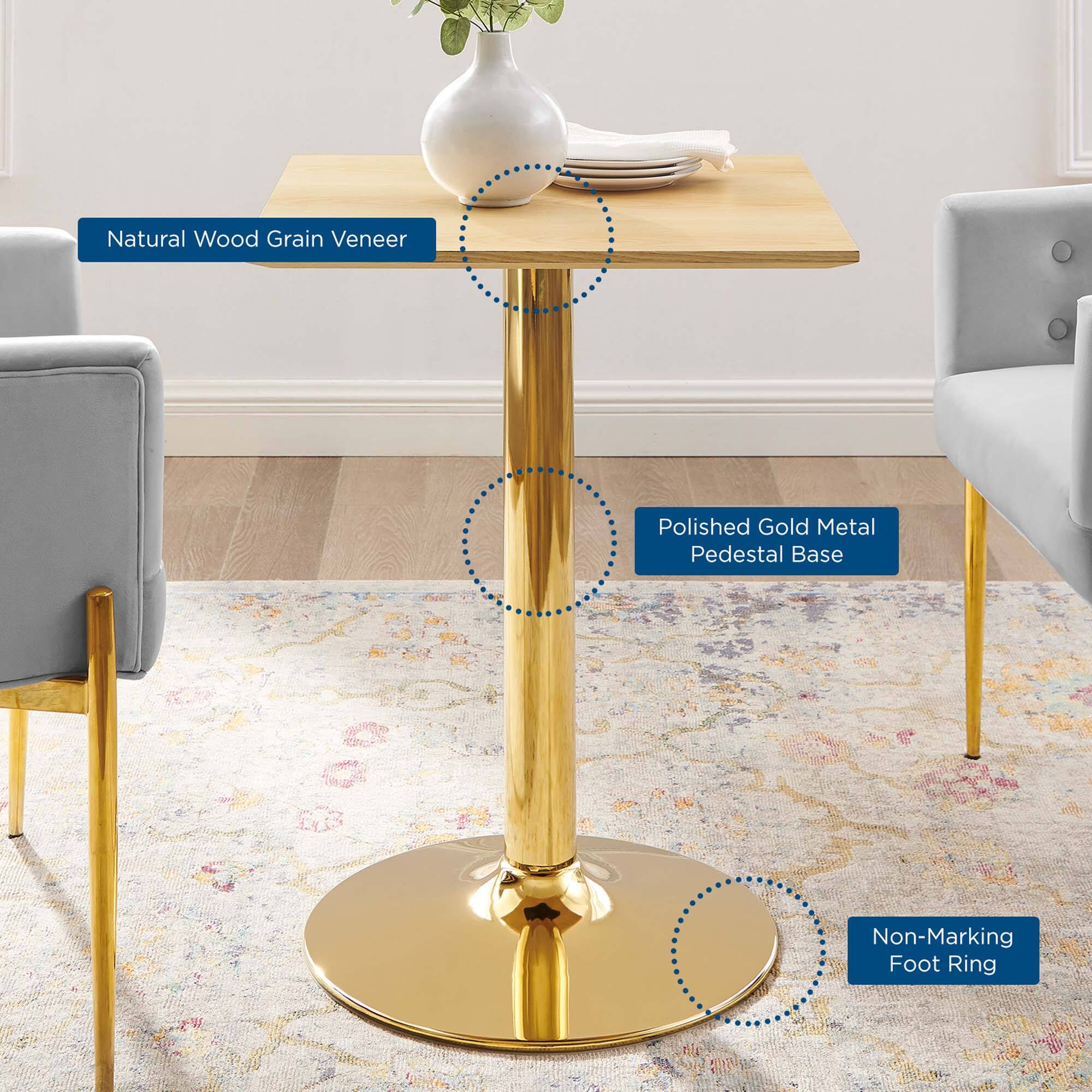 - Natural Wood Grain Veneer
- Polished Gold Metal Pedestal Base
- Non-Marking Foot Ring