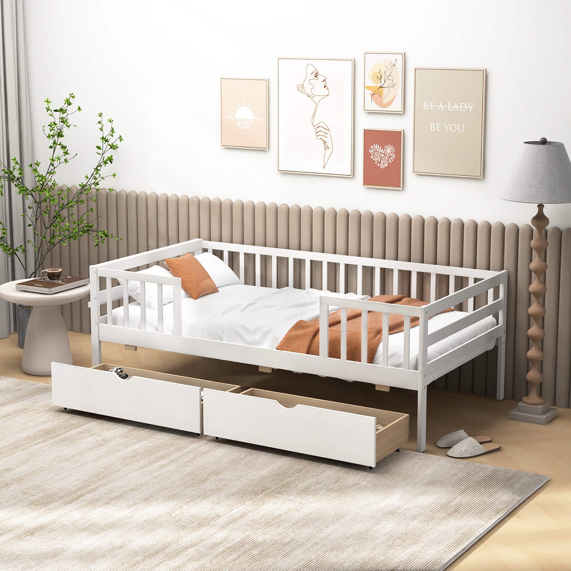 Gymax - Twin Size Kids Bed w/ Storage 2 Pull-out Drawers Side Shelf for Children & Teens - White