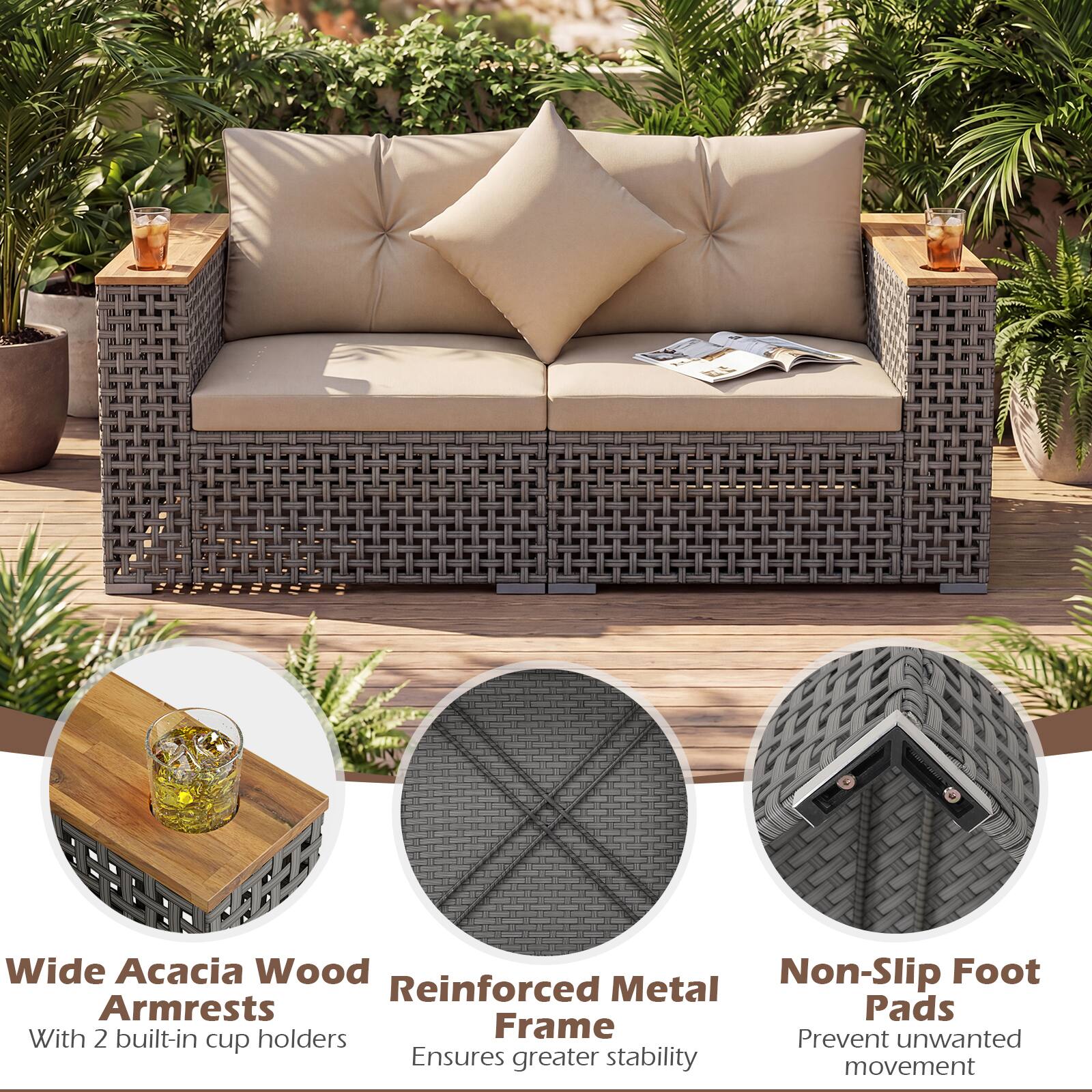 Wide Acacia Wood Non-Slip Foot Reinforced Metal Armrests Pads With 2 built-in holders Frame Prevent unwanted cup movement

- Wide Acacia Wood Armrests
  With 2 built-in cup holders

- Reinforced Metal Frame
  Ensures greater stability

- Non-Slip Foot Pads
  Prevent unwanted movement