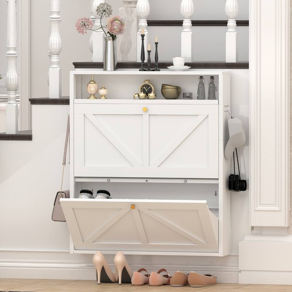 Angle. Loheer - Loheer White Metal Shoe Cabinet, 2 Flip Drawer Shoe Organizer, Wall Mounted Slim Entryway Storage - White.