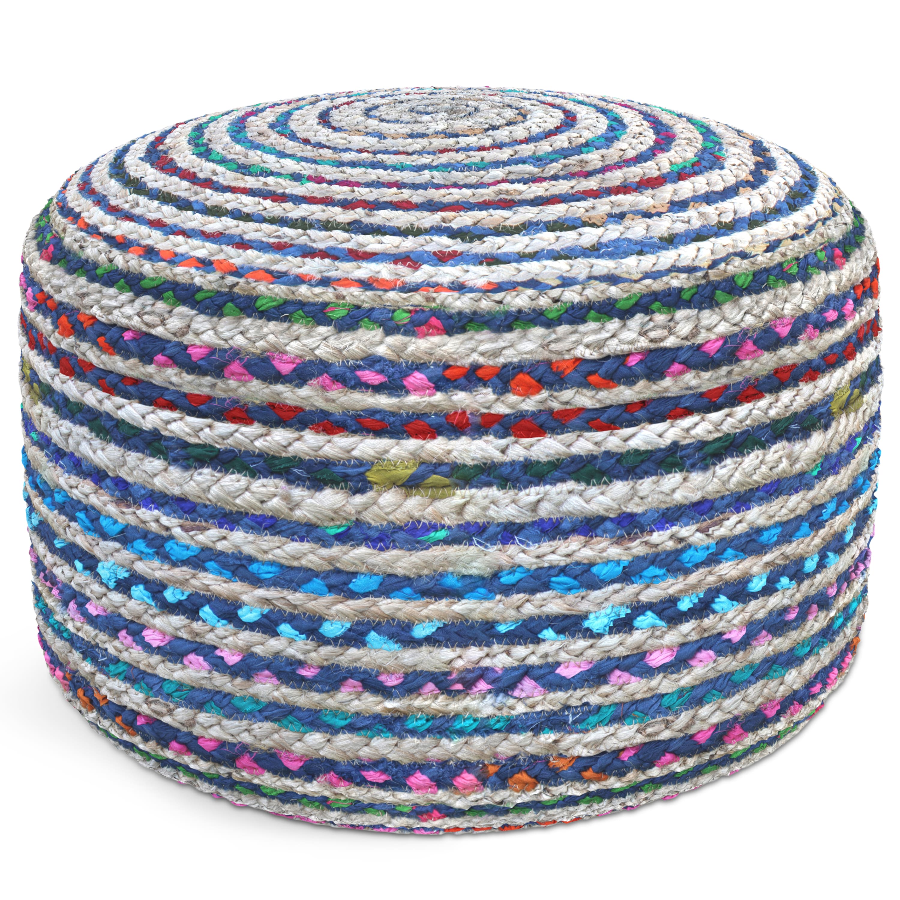 Simpli Home - Margo 20 inch Wide Round Pouf Handwoven Jute and Cotton - Blue