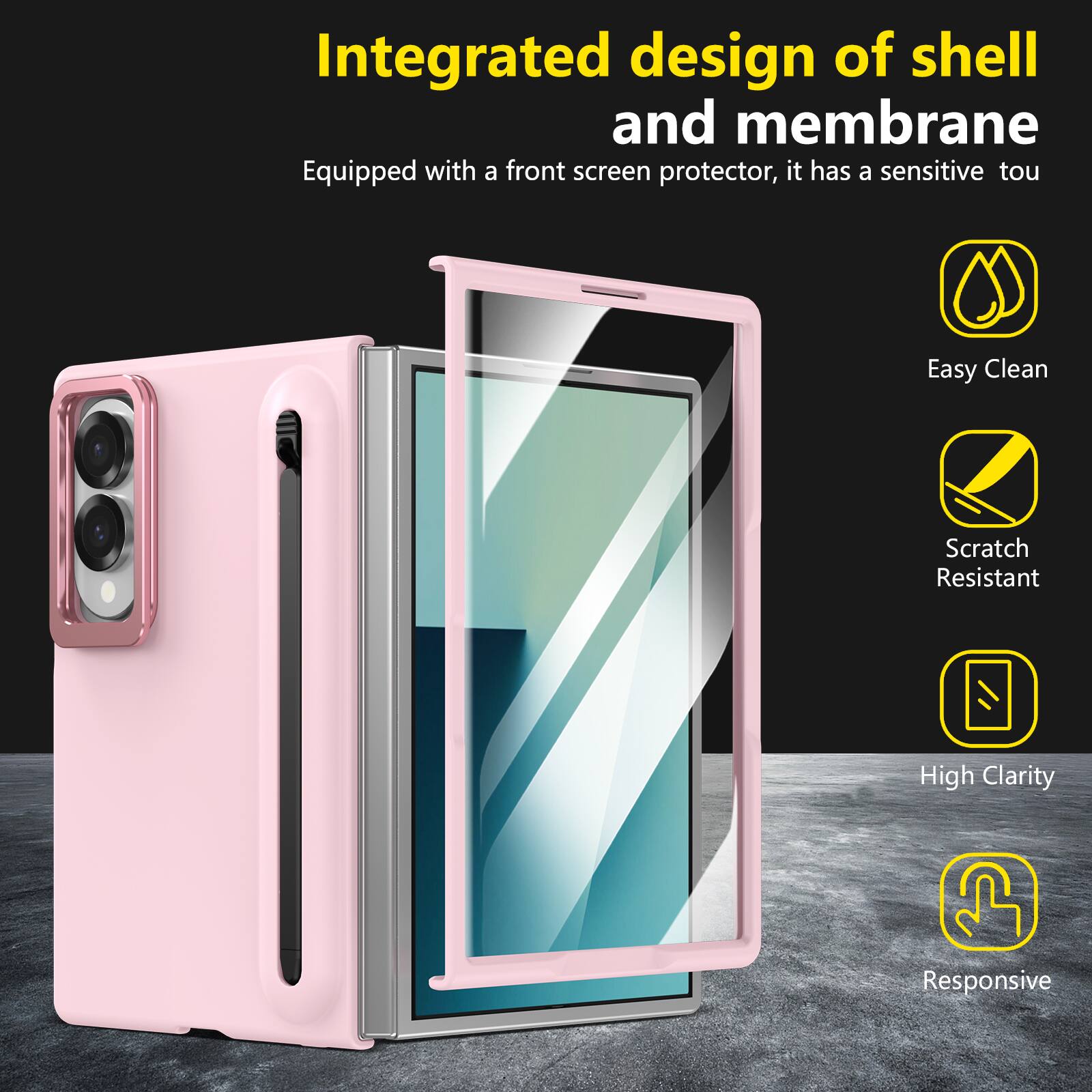 Integrated design of shell and membrane  
Equipped with a front screen protector, it has a sensitive touch  
Easy Clean  
Scratch Resistant  
High Clarity  
Responsive