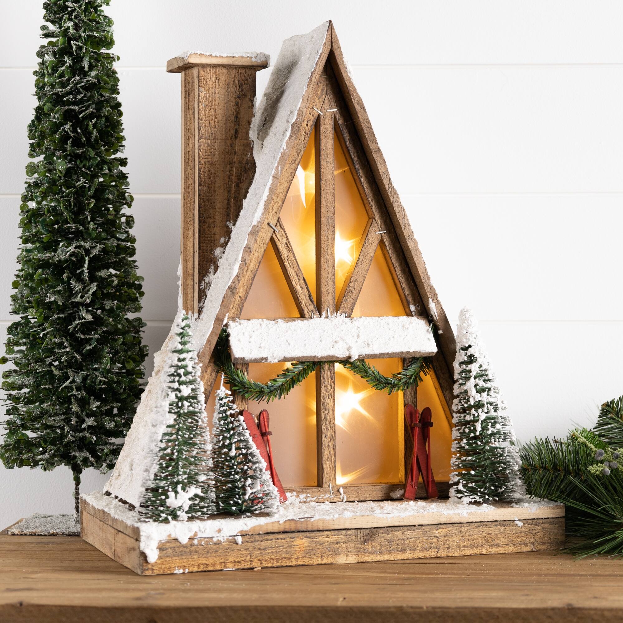 Angle. BreeBe - Vintage A-Frame Ski Lodge Lighted Display 16.5"H - Brown, White.