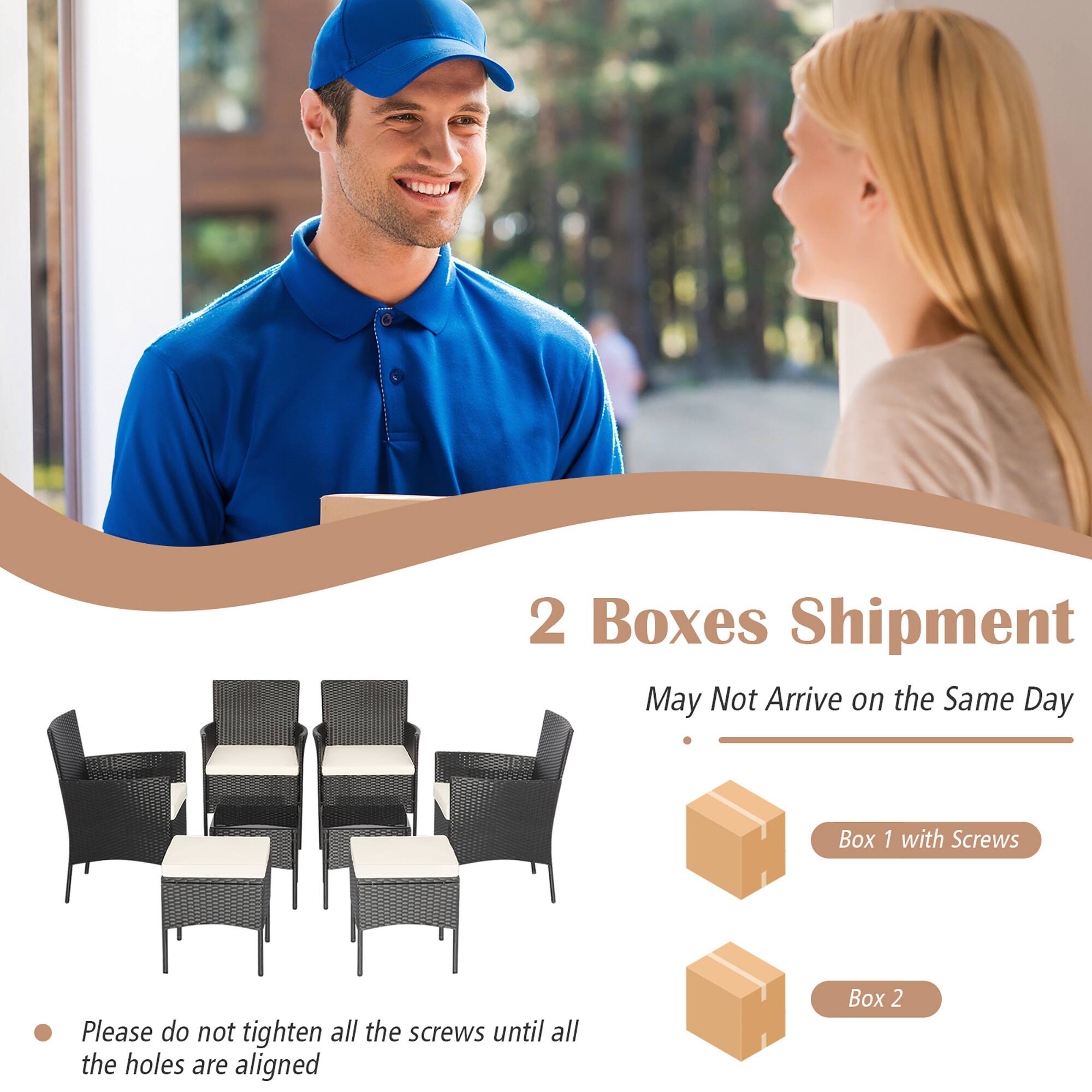 2 Boxes Shipment, May Not Arrive on the Same Day, Box 1 with Screws, Please do not tighten all the screws until all the holes are aligned, Box 2