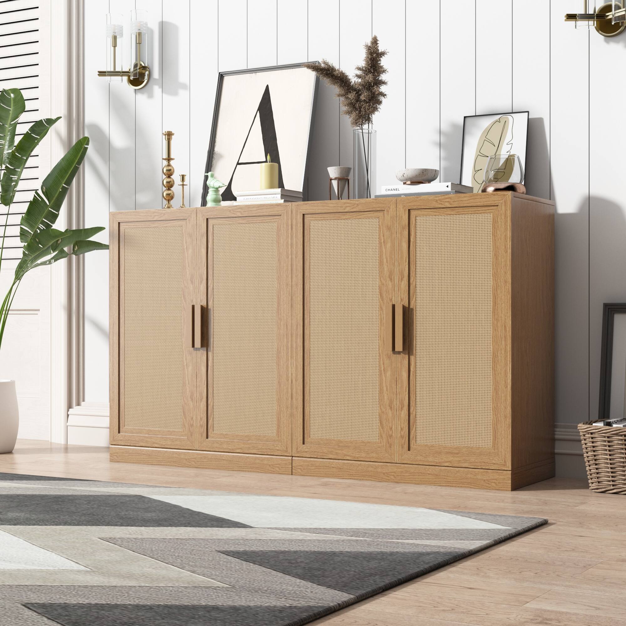 Alt View 2. PexFix - Farmhouse Buffet Sideboard, 36" Solid Wood Storage Cabinet with Woven Doors and 2 Adjustable Shelves for Entryway - Natural.