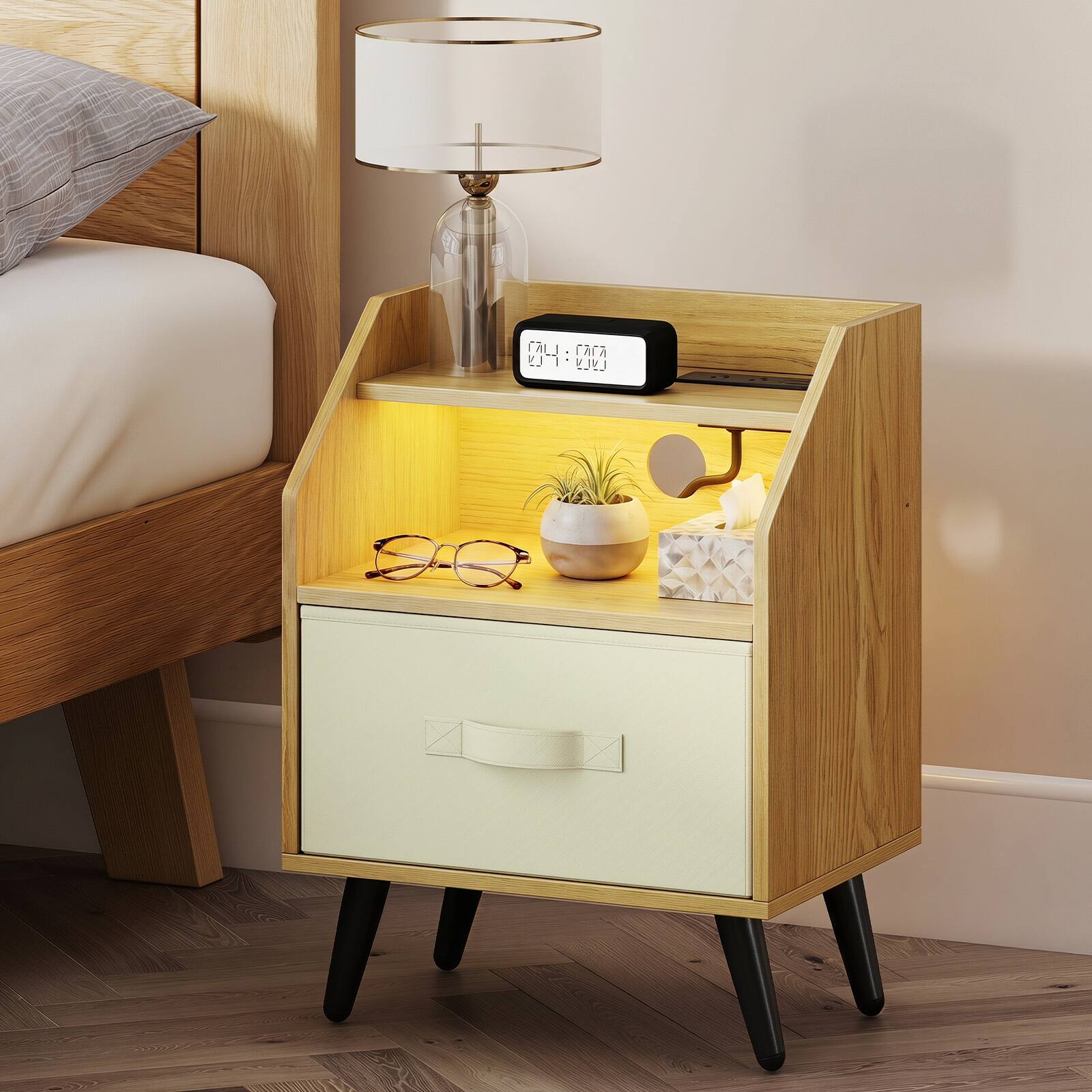 Alt View 3. Costway - Costway 2 PCS Nightstand with LED Lights & Power Outlets, Fabric Drawer & Open Storage Shelf - Natural.