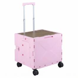 Gymax - Foldable Utility Cart on 4 Rotate Wheels w/Telescoping Handle Lid & Cup Holder - Pink