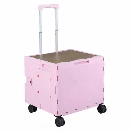Front. Gymax - Gymax Foldable Utility Cart on 4 Rotate Wheels w/Telescoping Handle Lid & Cup Holder Pink - Pink.