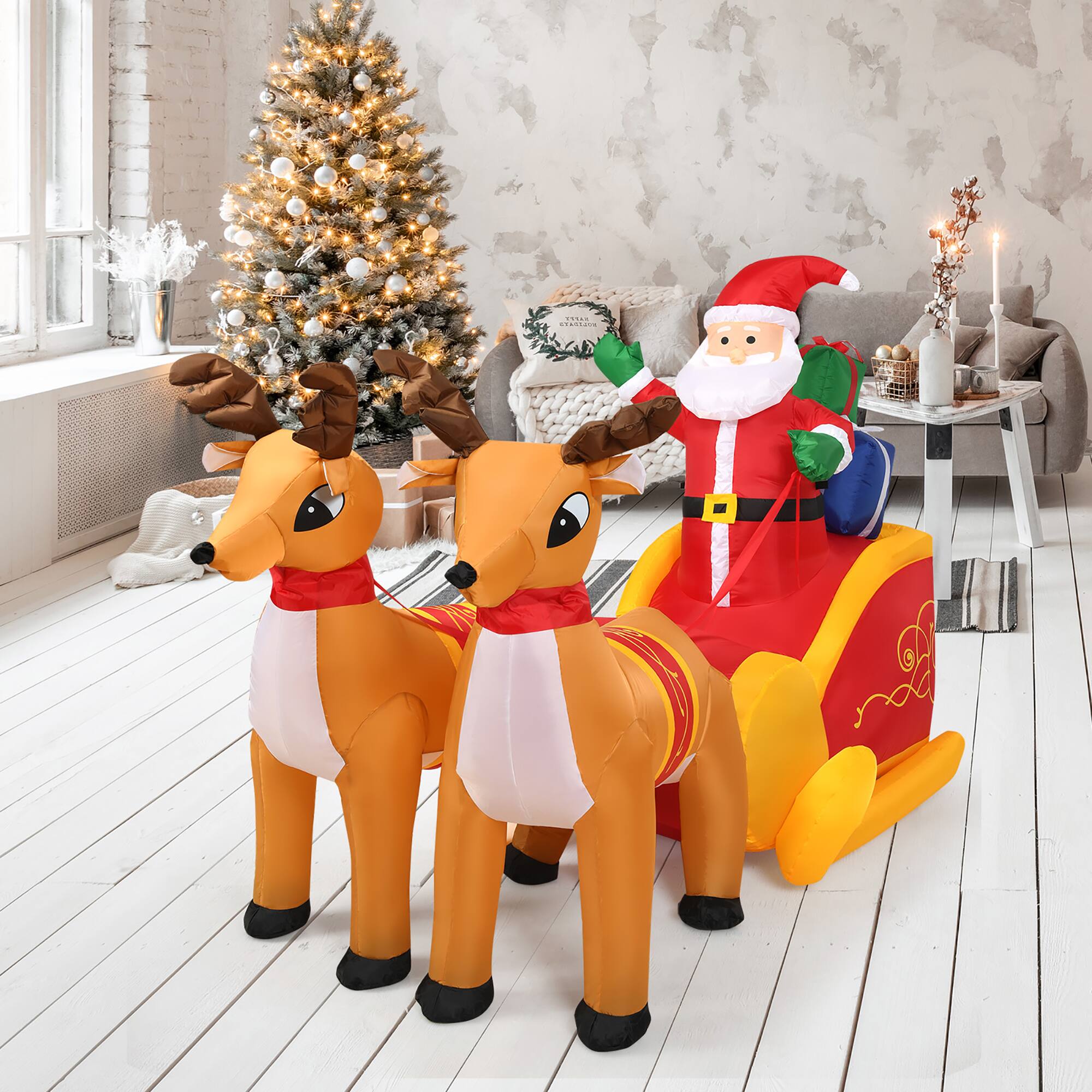 I'm sorry, but I cannot correct the text as it is not clear what the text is referring to. The image shows a Christmas scene with a fake Santa Claus riding in a fake sleigh pulled by two fake reindeer. There is no text provided in the image.