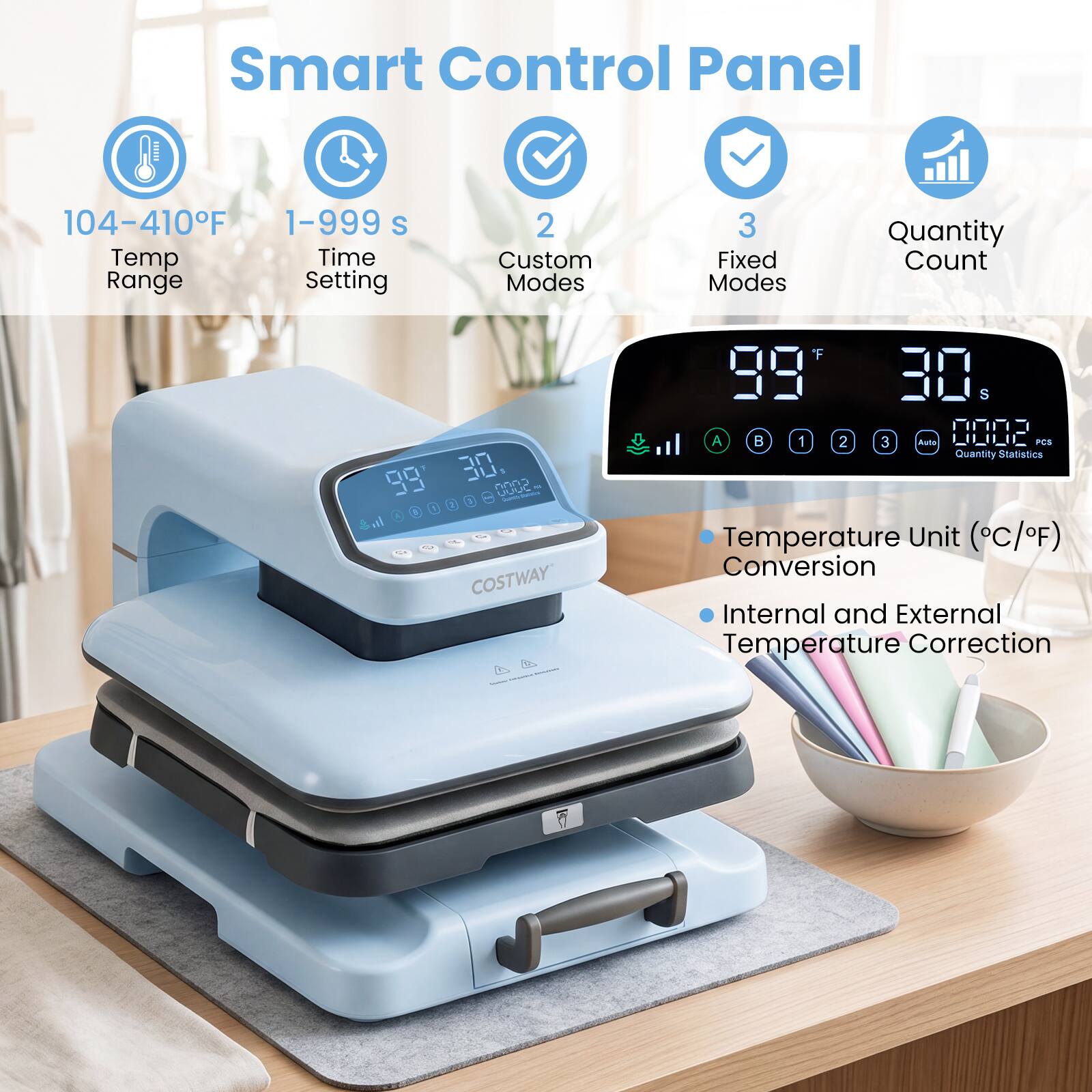 Smart Control Panel  
104-410°F  
1-999 s Temp Time Range Setting  
2 Custom Modes  
3 Fixed Modes  
Quantity Count  
09 1 1 ul 30 0002 1 3  
COSTWAY F 39 30 S A  
1 2 3 Aute 0002 PES  
Quantity Statistics  
Temperature Unit (C/F) Conversion  
Internal and External Temperature Correction