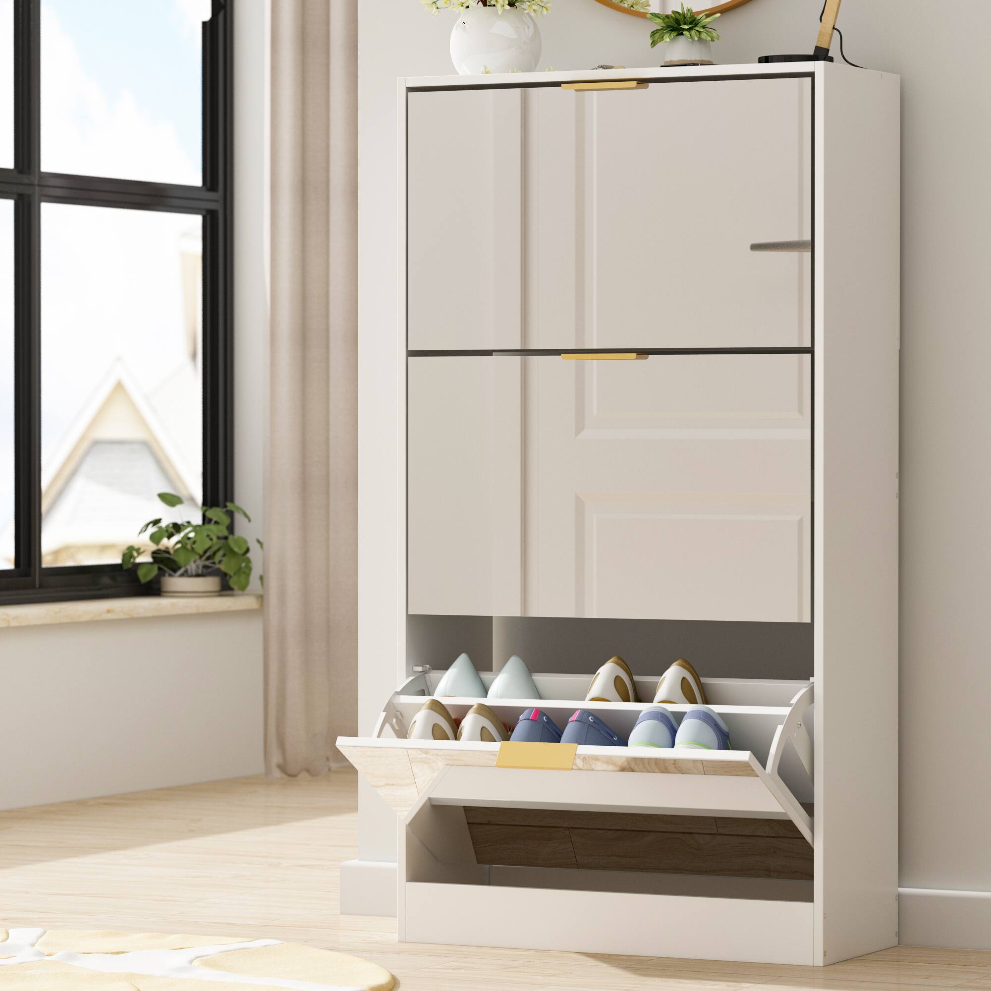 Alt View 4. Famapy - Famapy Farmhouse Shoe Cabinet: Flip - Down Design, Removable Laminate, Mirror Panel for Organized Charm - White.