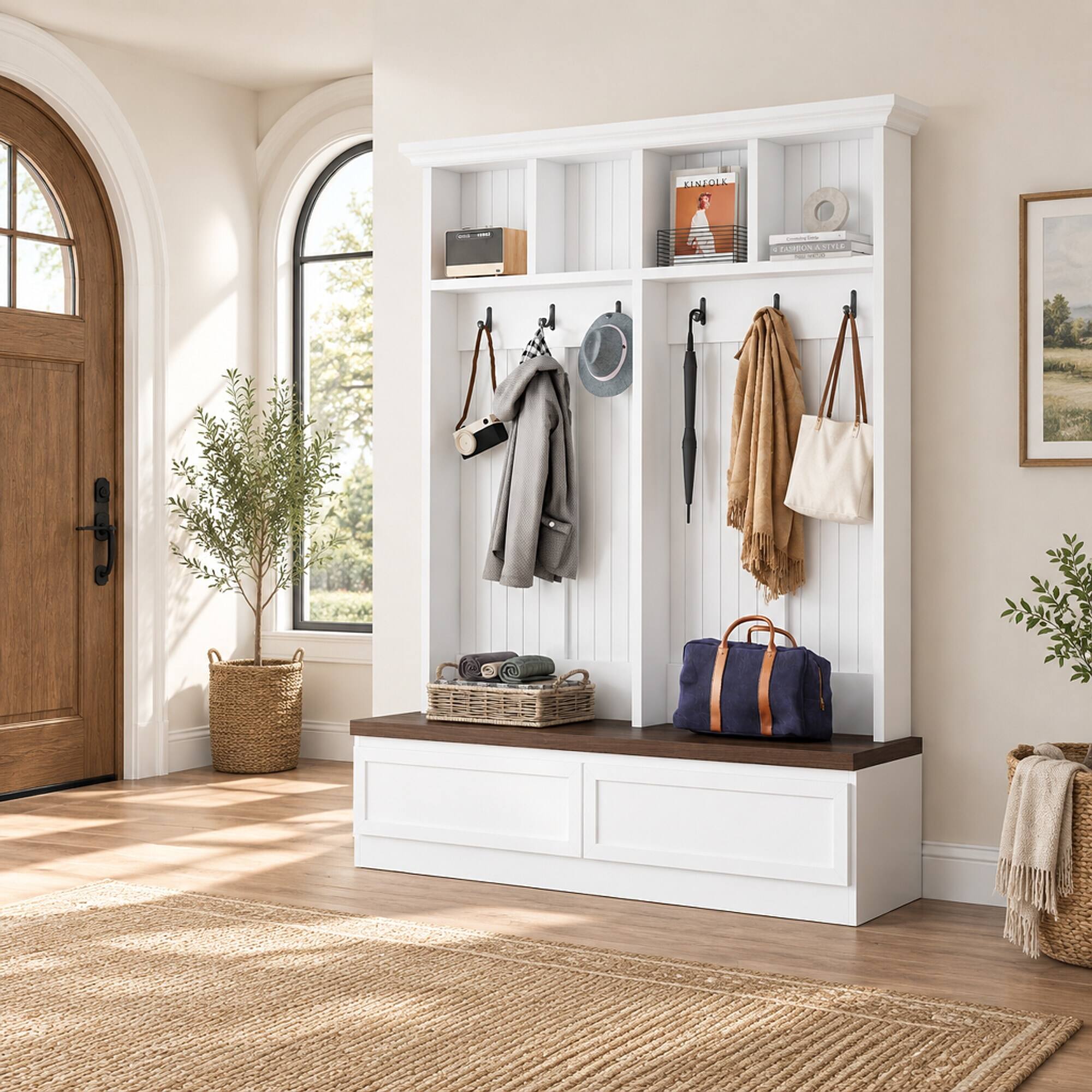 RYHNUYNE Farmhouse 4 in 1 Hall Tree, 55.9 in Wood Grain Bench, 2 ...