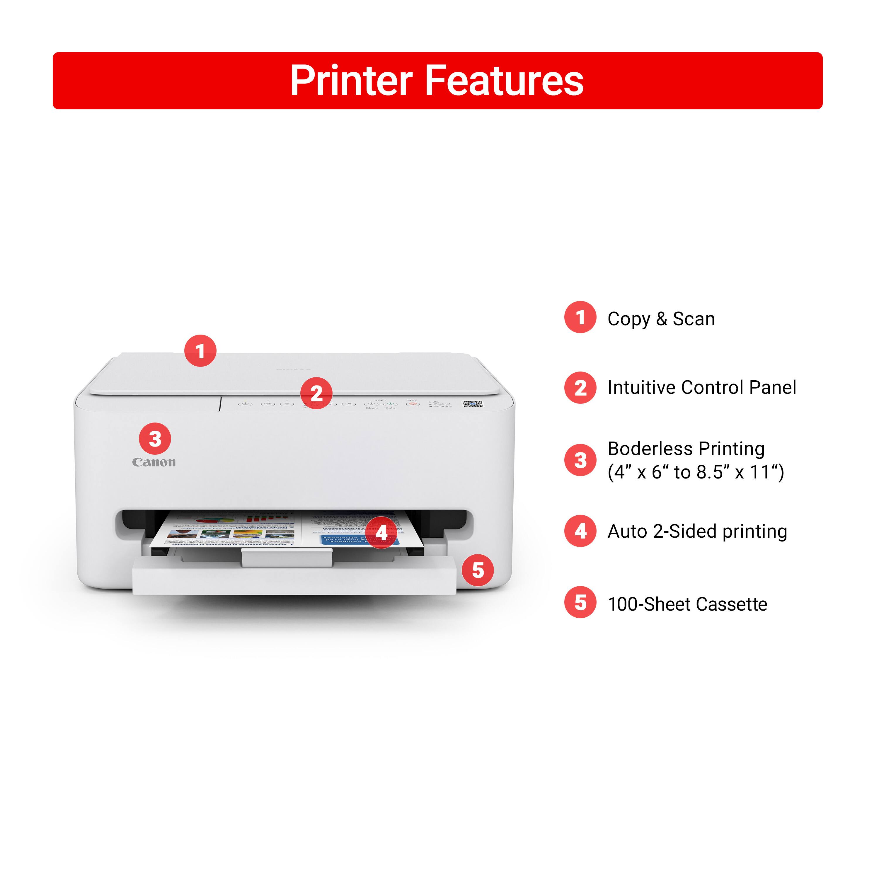 Printer Features

1. Copy & Scan
2. Intuitive Control Panel
3. Borderless Printing (4" x 6" to 8.5" x 11")
4. Auto 2-Sided printing
5. 100-Sheet Cassette