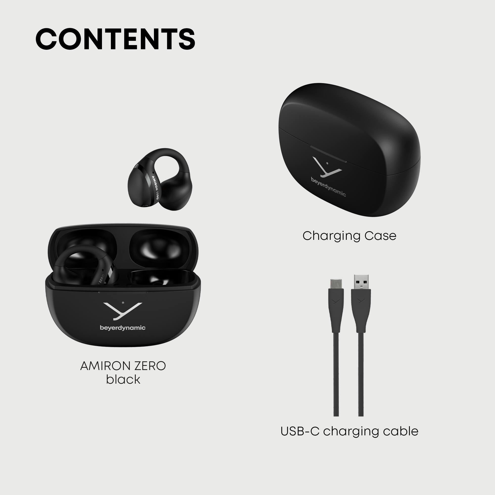 CONTENTS

- AMIRON ZERO black
- Charging Case
- USB-C charging cable