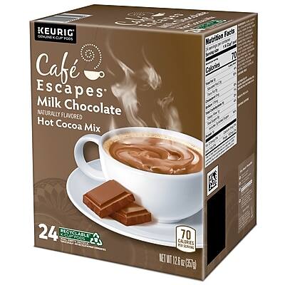 Café Escapes Milk Chocolate  
Naturally Flavored Hot Cocoa Mix  

Nutrition Facts  
Calories 70  

24 Recyclable K-Cups  
70 Calories per K-Cup  

Net WT 12.6 oz (357g)