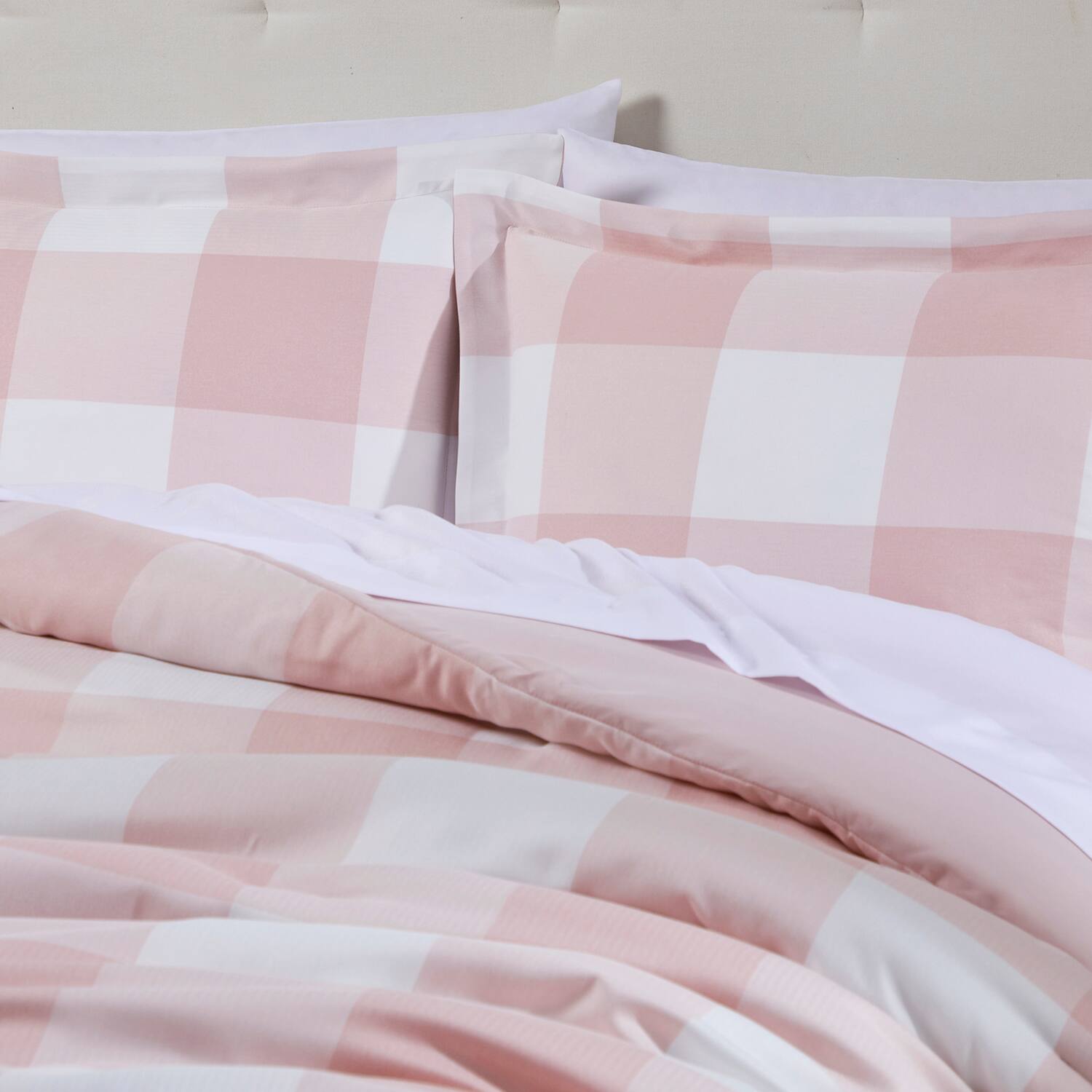 Angle. Sweet Home Collection - 7 Piece Checkered Buffalo Plaid Bed in a Bag Comforter & Sheet Set - Queen - Blush.