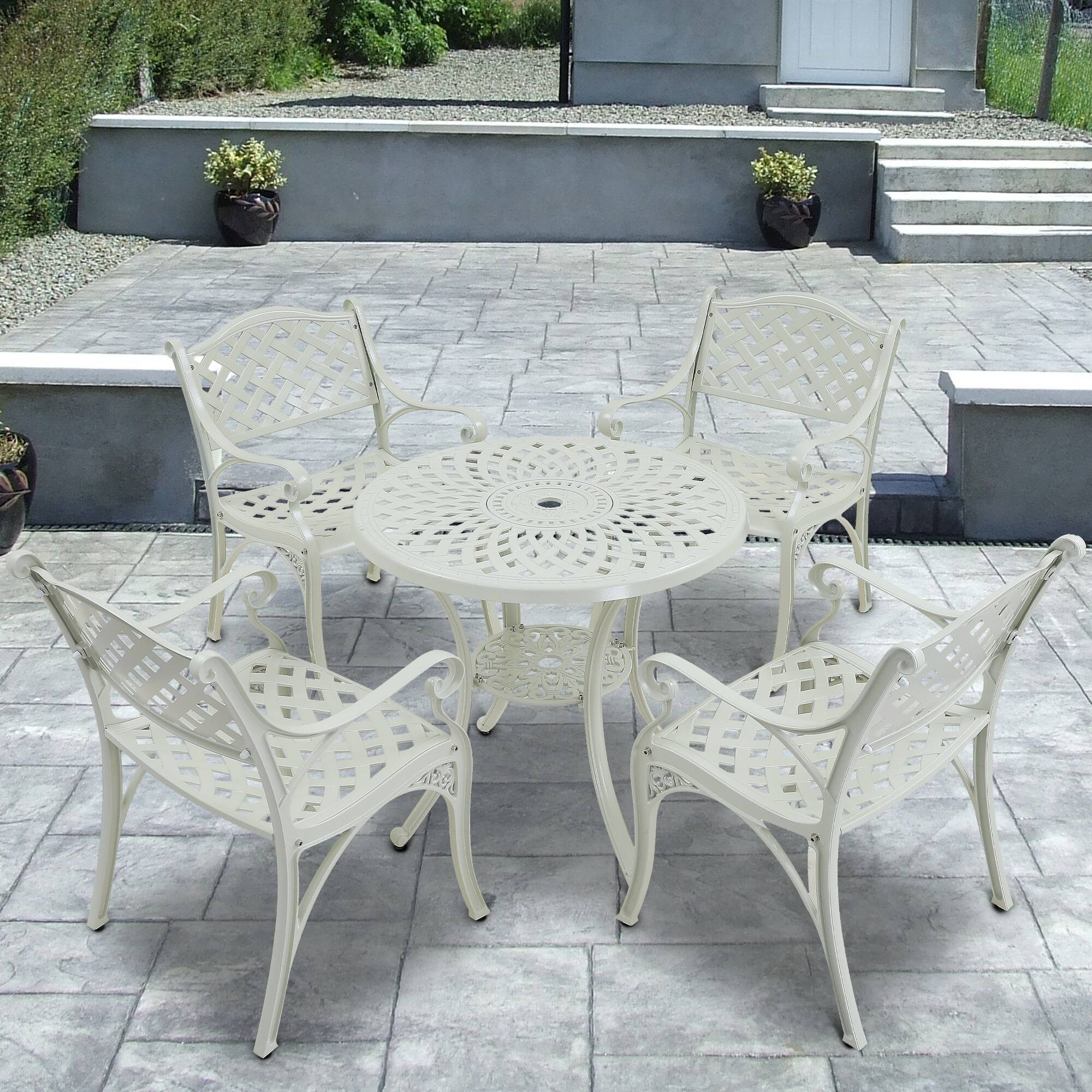 Left. Mondawe - Outdoor 5-Piece Cast Aluminum Dining Set with Round Table and 4 Ergonomic Chairs - White.