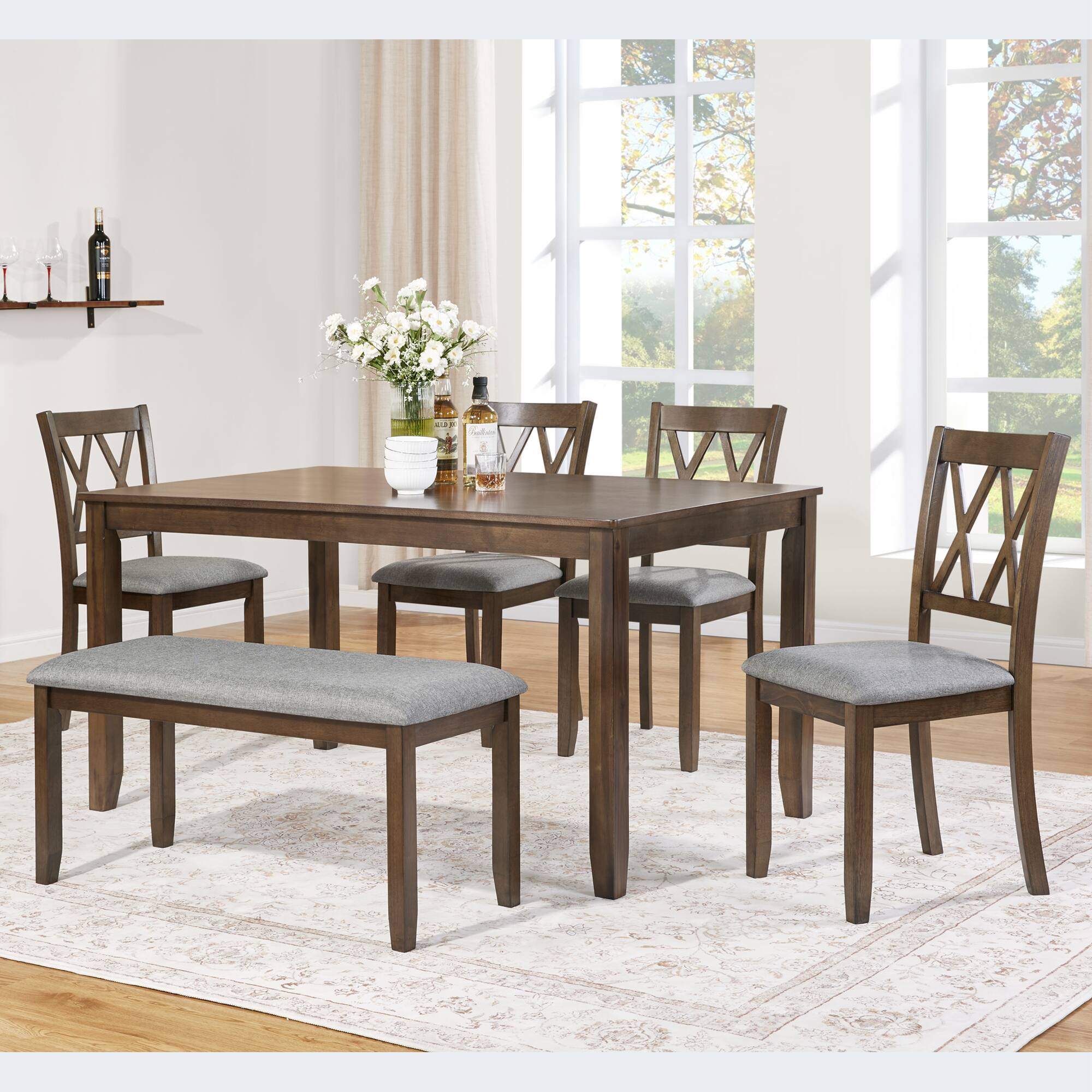 Angle. APRILSOUL - Elegant 6-piece Wooden Dining Table Set with 4 Chairs and a Bench 6 People Rectangular Dining Table Set Walnut - Walnut.
