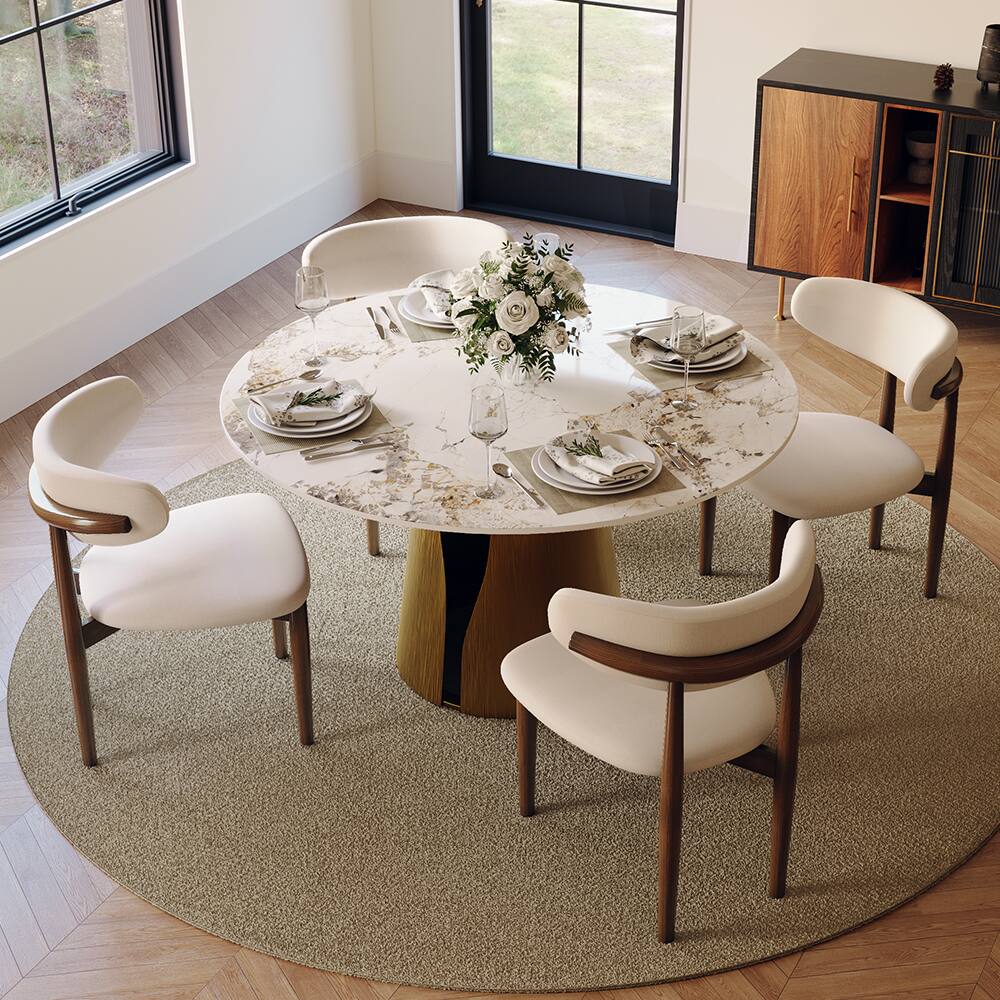 Front. POVISON - 47" Modern Round Kitchen Dining Table for 4, Glossy Pandora Sintered Stone Tabletop whit Solid Bronze Carbon Steel Base - Pandora & Bronze Steel Base.