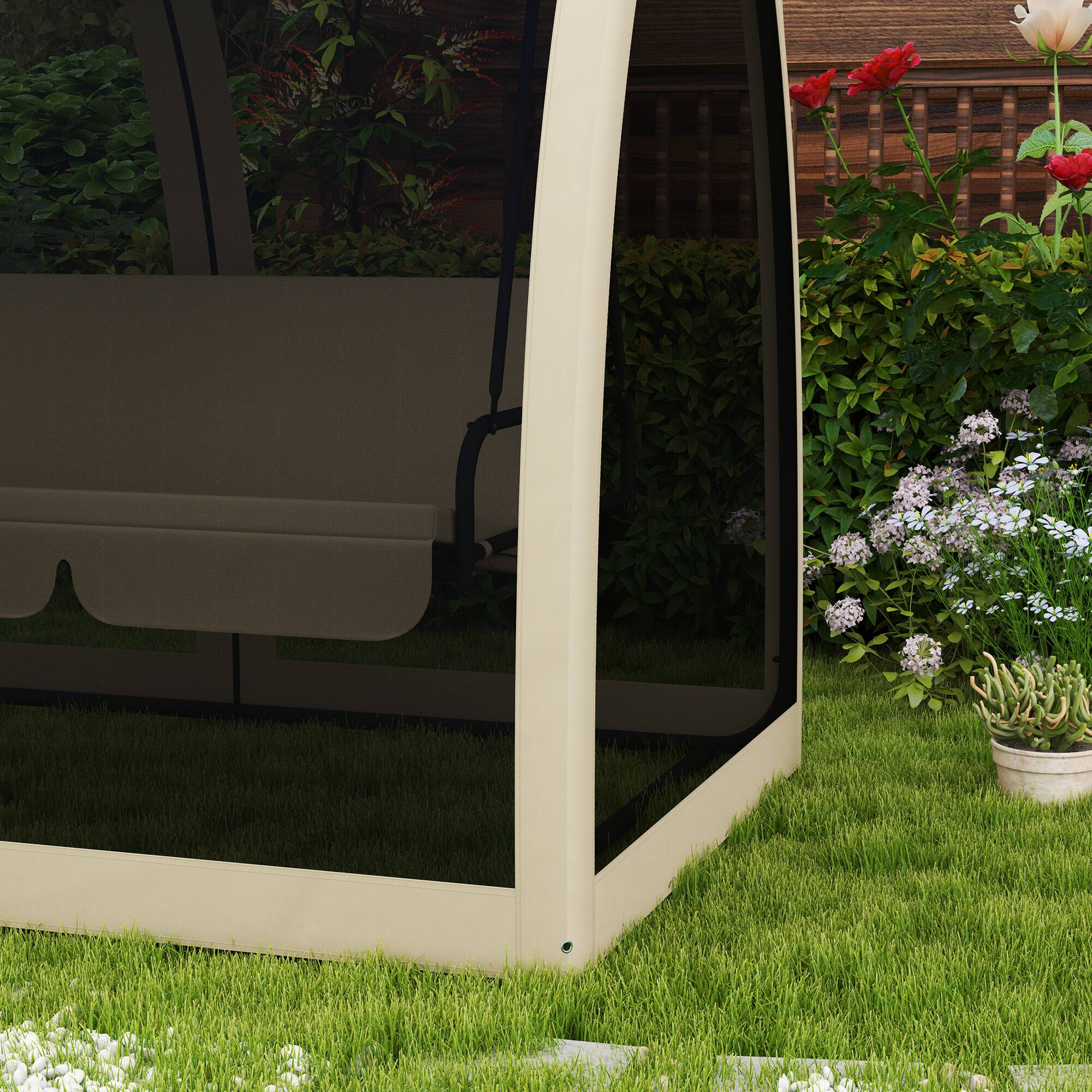 Alt View 8. Outsunny - Seat Outdoor Swing Chair Convertible Covered Day Bed with Canopy, Mesh Netting, Steel Stand for Garden - Coffee.