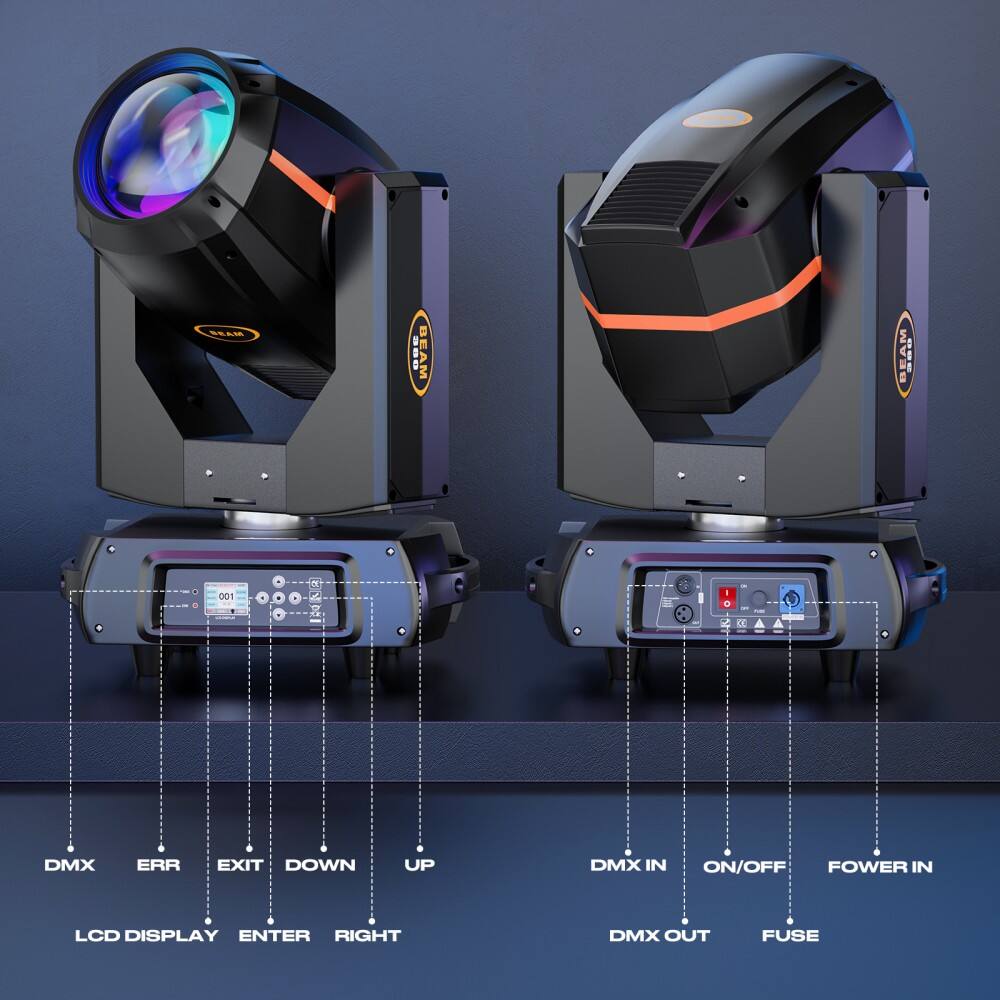 Sure, here is the corrected and grouped text from the image:

**Left Unit:**
- DMX
- ERR
- EXIT
- DOWN
- UP
- LCD DISPLAY
- ENTER
- RIGHT

**Right Unit:**
- DMX IN
- ON/OFF
- POWER IN
- DMX OUT
- FUSE