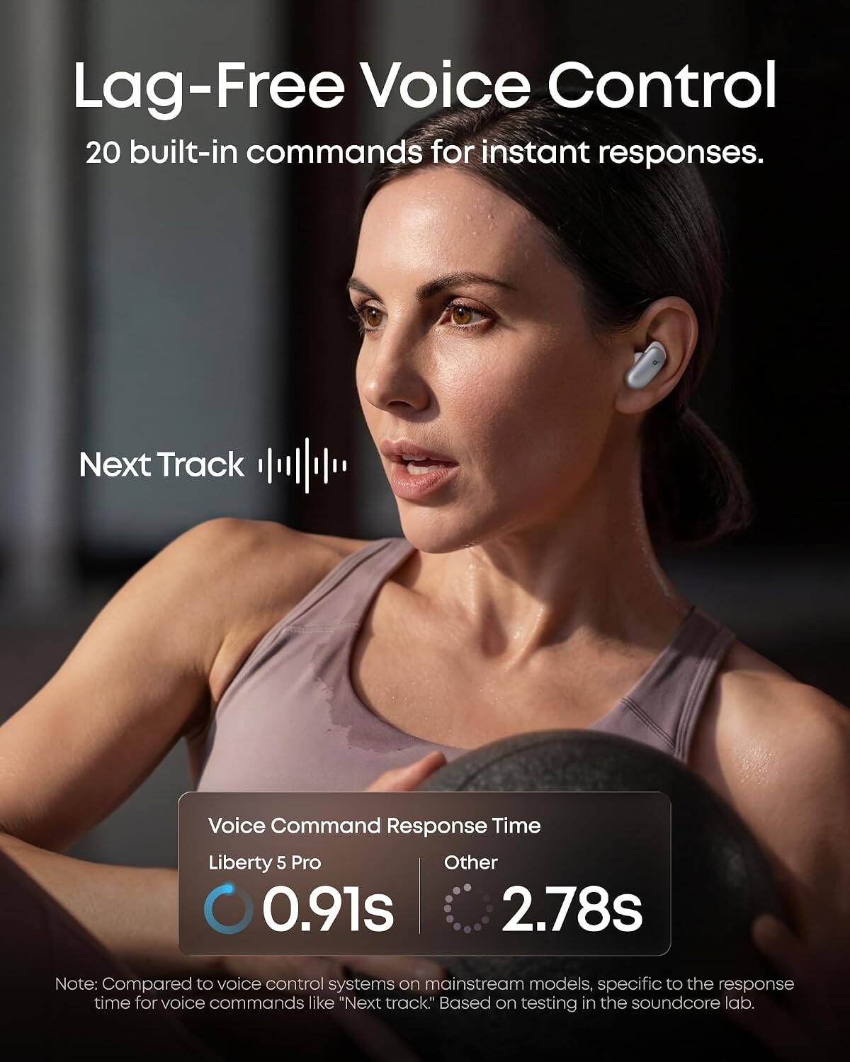 Lag-Free Voice Control  
20 built-in commands for instant responses.  

Next Track  

Voice Command Response Time  
Liberty 5 Pro 0.91s  
Other 2.78s  

Note: Compared to voice control systems on mainstream models, specific to the response time for voice commands like "Next track." Based on testing in the soundcore lab.