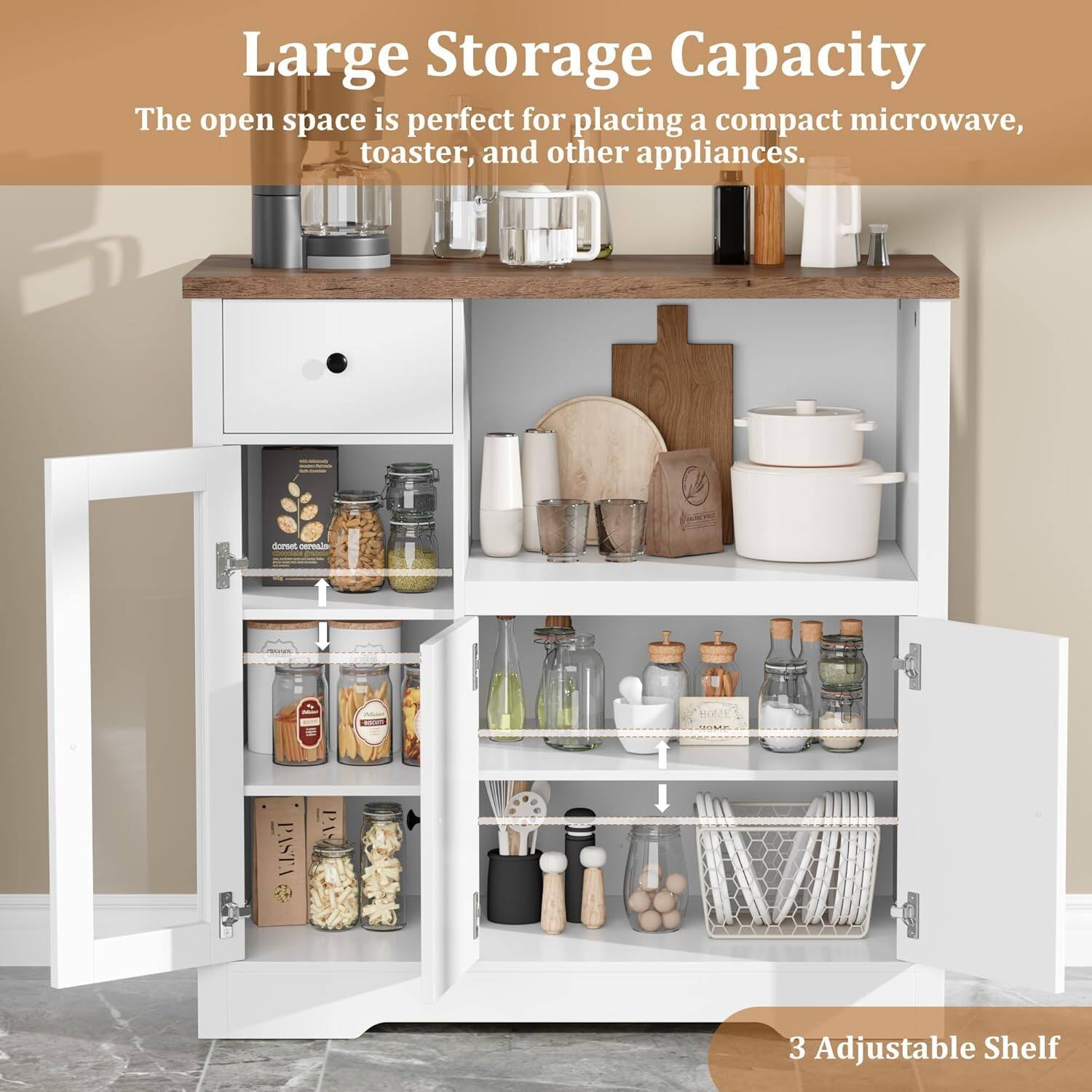 Large Storage Capacity  
The open space is perfect for placing a compact microwave, toaster, and other appliances.  

3 Adjustable Shelf