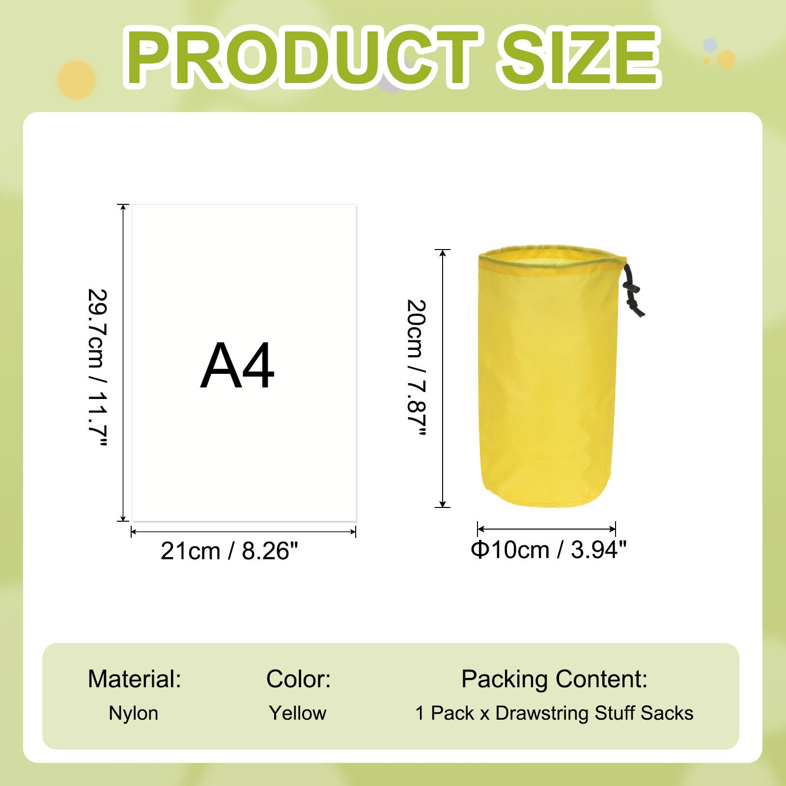 PRODUCT SIZE

A4: 29.7cm / 11.7" x 21cm / 8.26"

Material: Nylon  
Color: Yellow  
Packing Content: 1 Pack x Drawstring Stuff Sacks