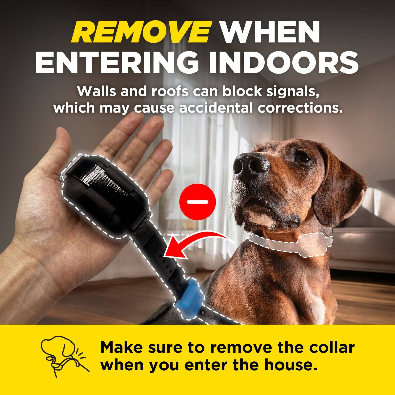 REMOVE WHEN ENTERING INDOORS  
Walls and roofs can block signals, which may cause accidental corrections.  
Make sure to remove the collar when you enter the house.