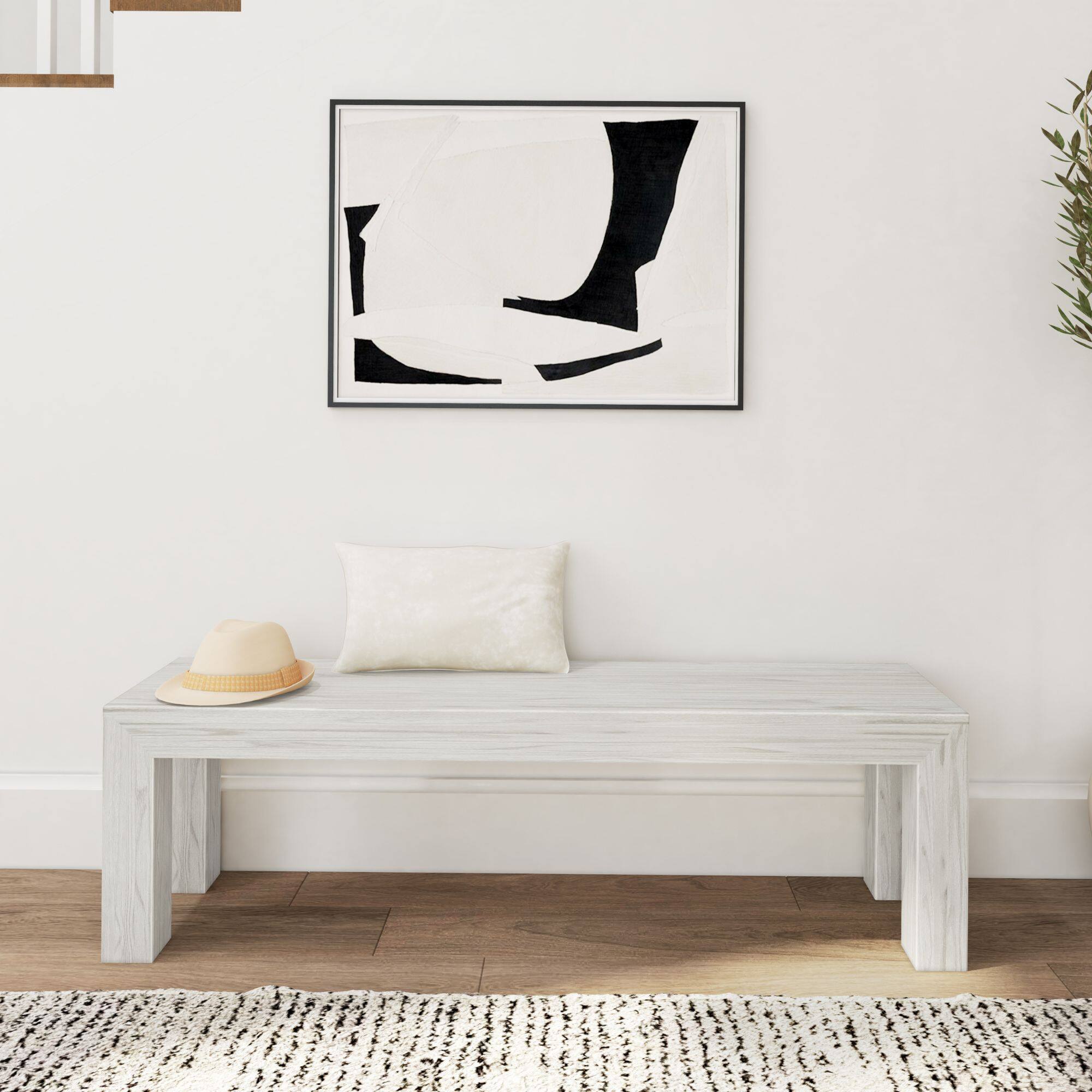 Alt View 4. Plank+Beam - Modern Dining Room Bench (61in / 1550mm), White Sand Wirebrush - White Sand Wirebrush.