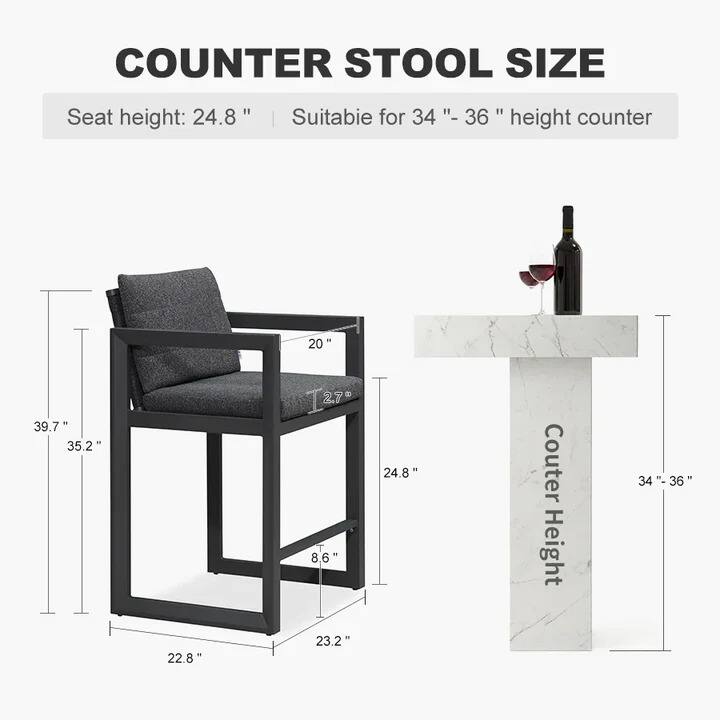 COUNTER STOOL SIZE

Seat height: 24.8"

Suitable for 34" - 36" height counter

- Seat height: 24.8"
- Back height: 39.7"
- Width: 20"
- Depth: 35.2"
- Armrest height: 27"
- Armrest width: 8.6"
- Base width: 22.8"
- Base depth: 23.2"