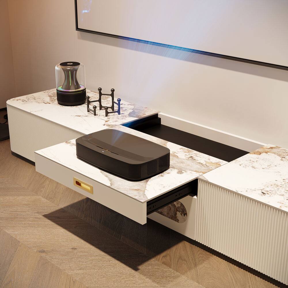 Alt View 1. POVISON - 79" Modern Low Profile TV Stand with Ultra-short Throw Projector Platform, Fluted TV Console with White Sintered Stone - Pandora & White.