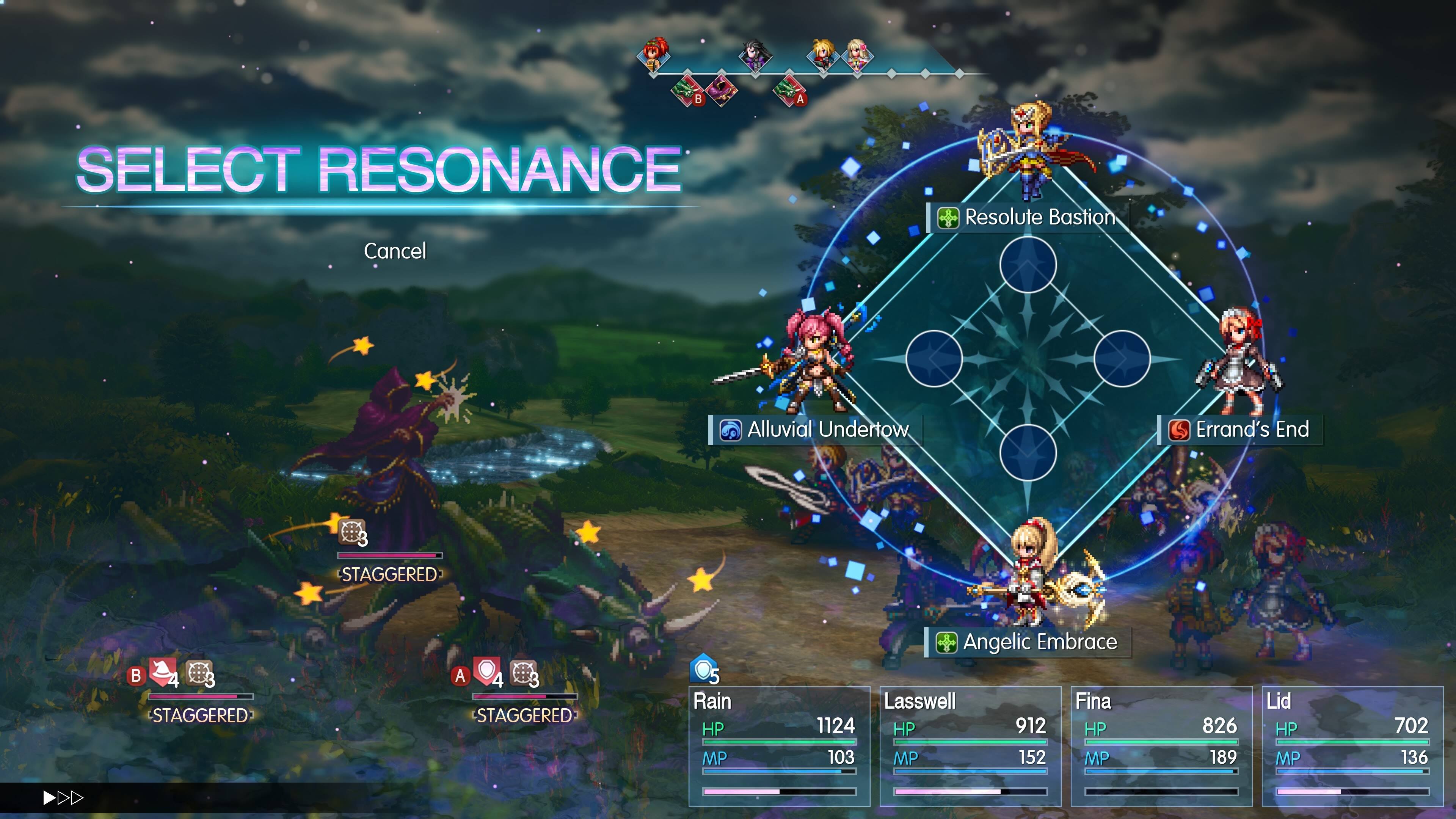 SELECT RESONANCE  
Cancel  
Alluvial Undertow  
Errand's End  
Resolute Bastion  
Angelic Embrace  

Rain  
HP 1124  
MP 103  

Lasswell  
HP 912  
MP 152  

Fina  
HP 826  
MP 189  

Lid  
HP 702  
MP 136