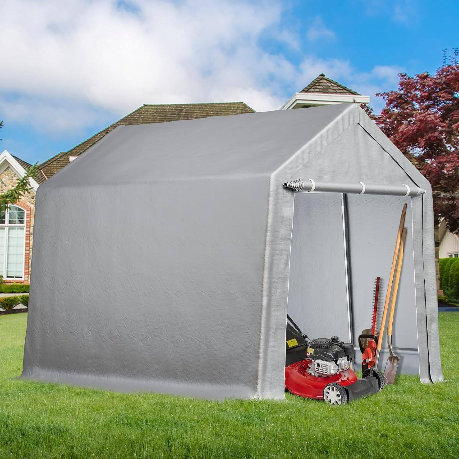 Front. Acekool - 10'x15'  Heavy Duty Outdoor Storage Shed & Carport Canopy with Roll-Up Door, Waterproof, Removable Sidewalls - Grey.
