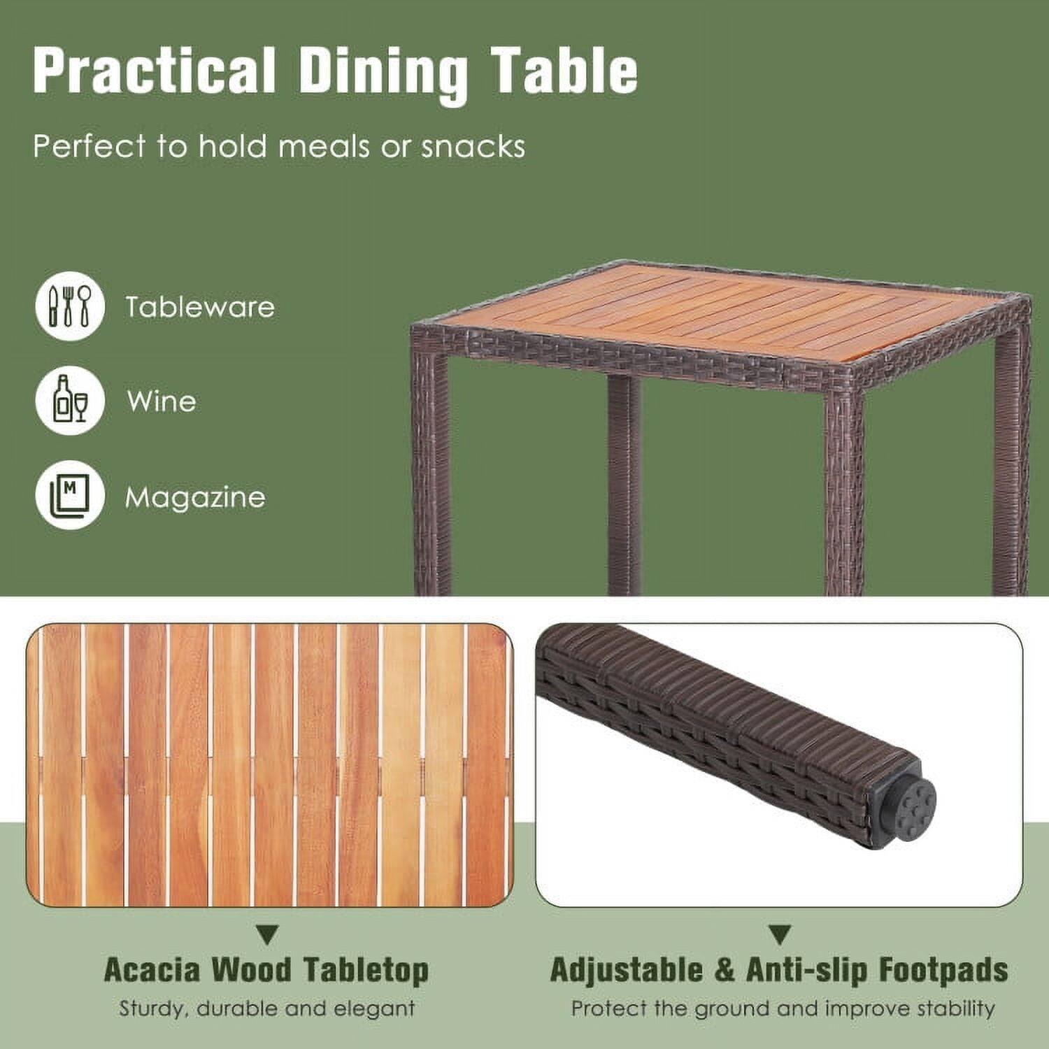 Practical Dining Table  
Perfect to hold meals or snacks  

Tableware  
Wine  
Magazine  

Acacia Wood Tabletop  
Sturdy, durable and elegant  

Adjustable & Anti-slip Footpads  
Protect the ground and improve stability