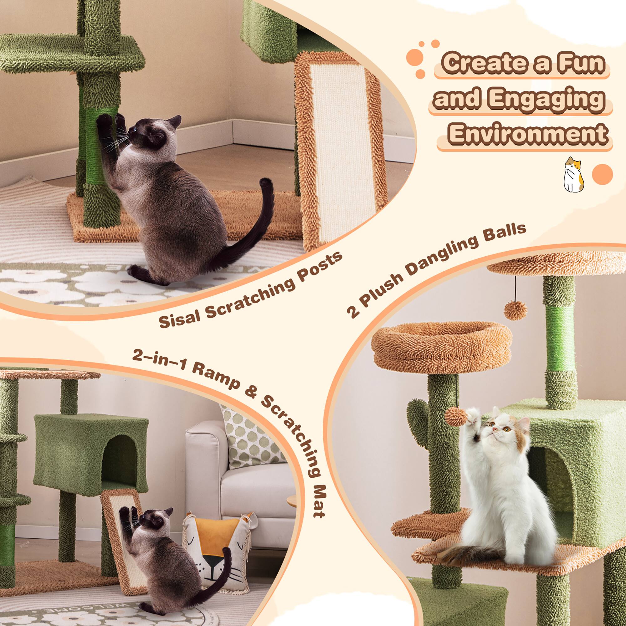 Create a Fun and Engaging Environment

- Sisal Scratching Posts
- 2 Plush Dangling Balls
- 2-in-1 Ramp & Scratching Mat