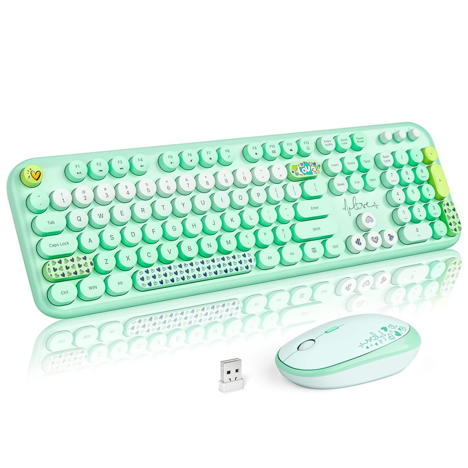 Cozy Serene - Wireless And Mouse Combo Blue Colorful Round Key Typewriter Keyboards hz Full Size Computer Mice Usb Receiver Plug Play - Pale Green