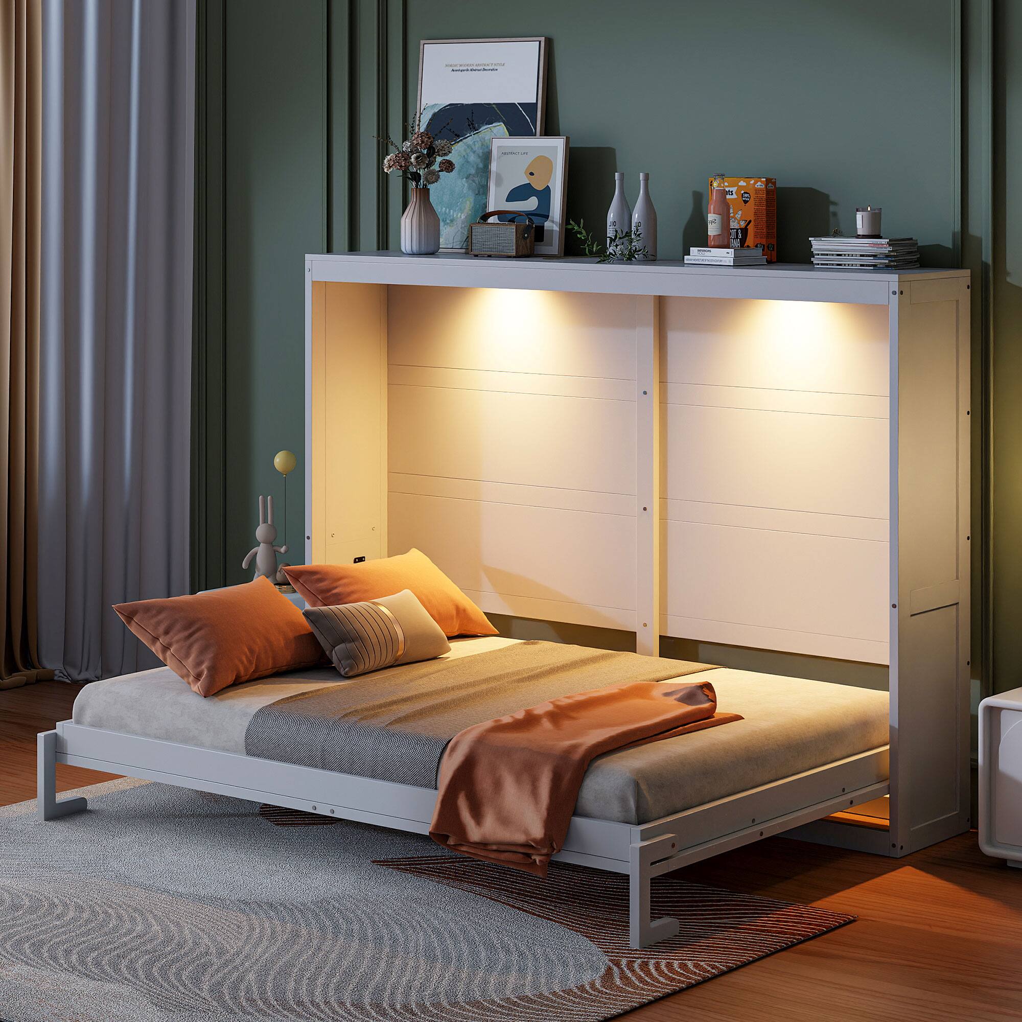 Left. Tiramisubest - Queen Size Murphy Bed with LED Lights, White, Plywood, Space-Saving - White.